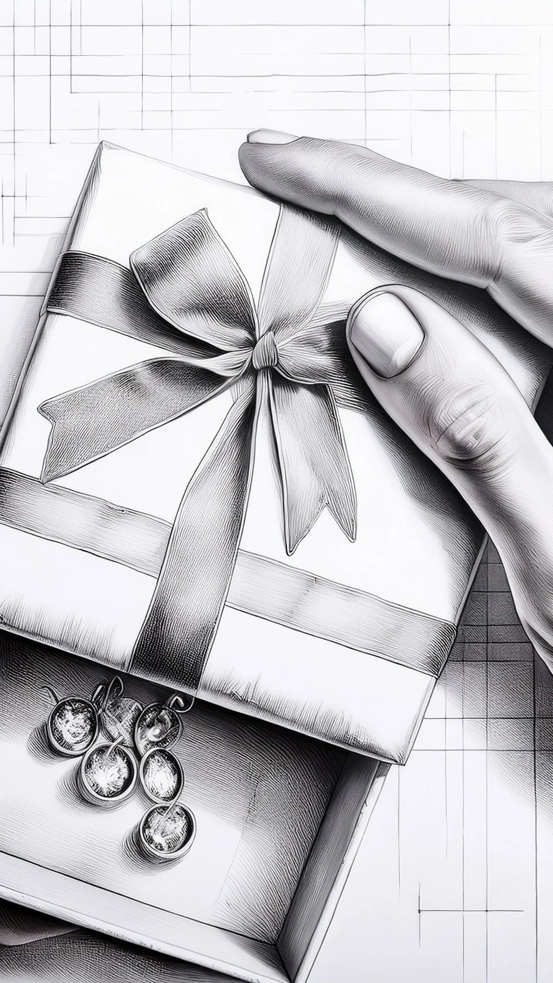 A hand holding a coloring pencil over a sketch of a gift box with a bow on top, with jewelry on a tray below.