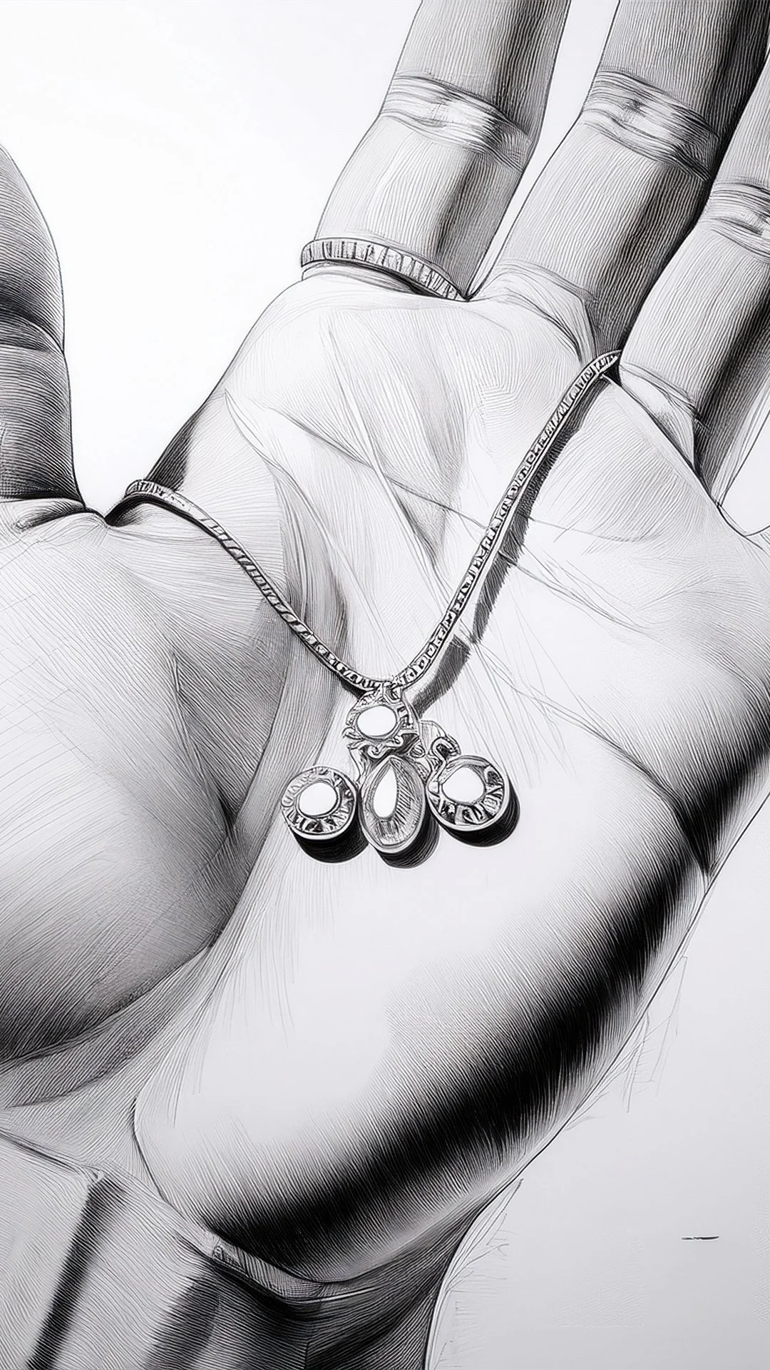 Drawing of a hand holding a necklace with multiple pendants.