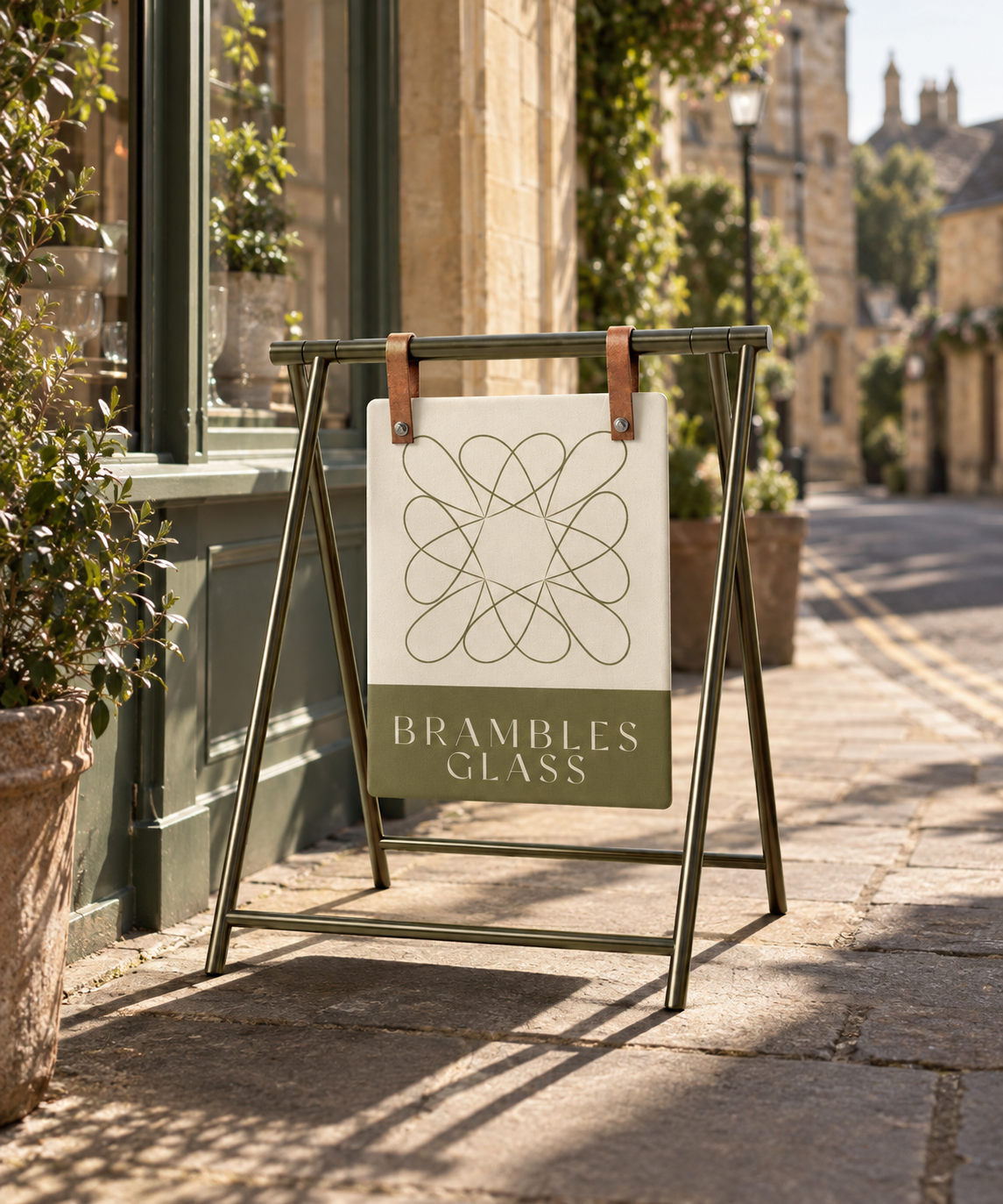 A signboard standing outside a shop, with the text 'Bramble Glass,' on a sunny street.
