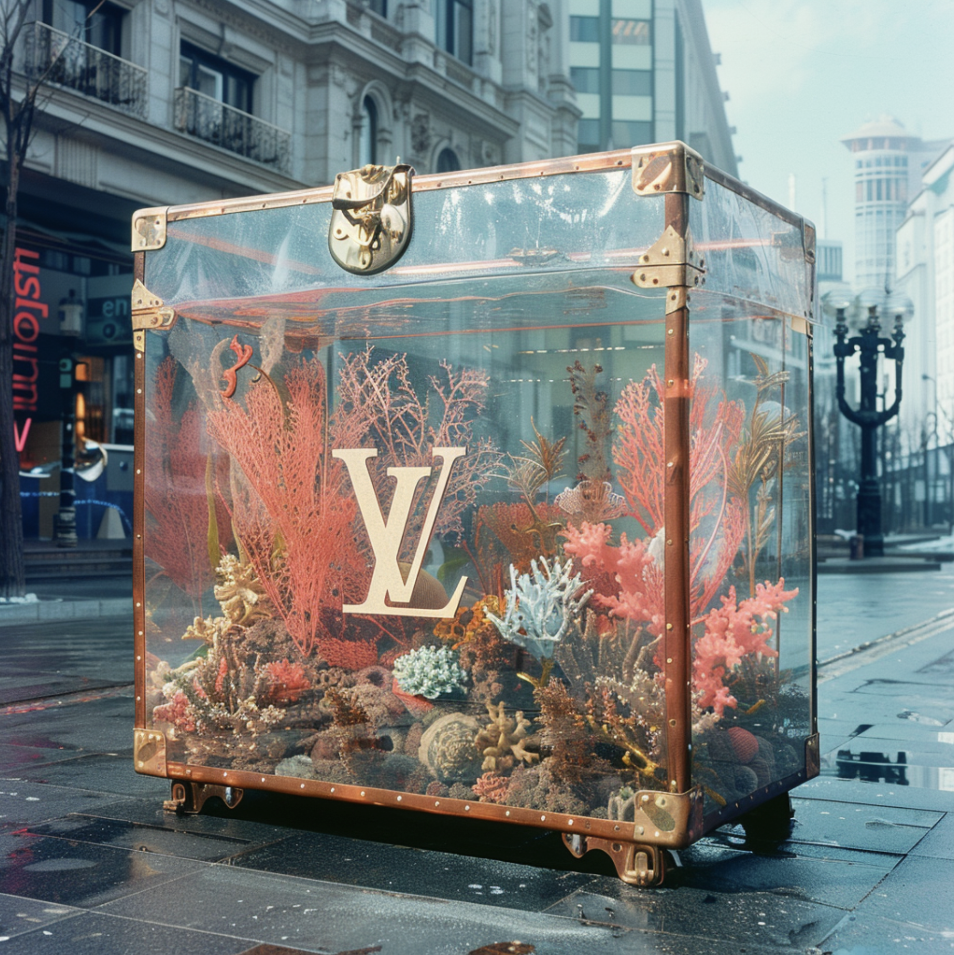 A transparent display case with coral reef decor and the iconic Louis Vuitton logo on the front, located on a city street with tall buildings and cloudy skies.