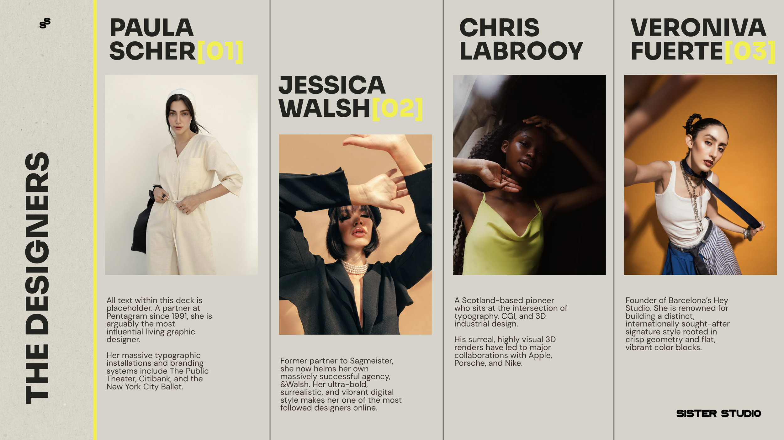 A digital graphic layout featuring four women with short descriptions below each photo. The women are styled differently, with vibrant backgrounds and fashion accessories, in a modern fashion magazine style. The layout includes bold headings and a yellow vertical line separating the sections.