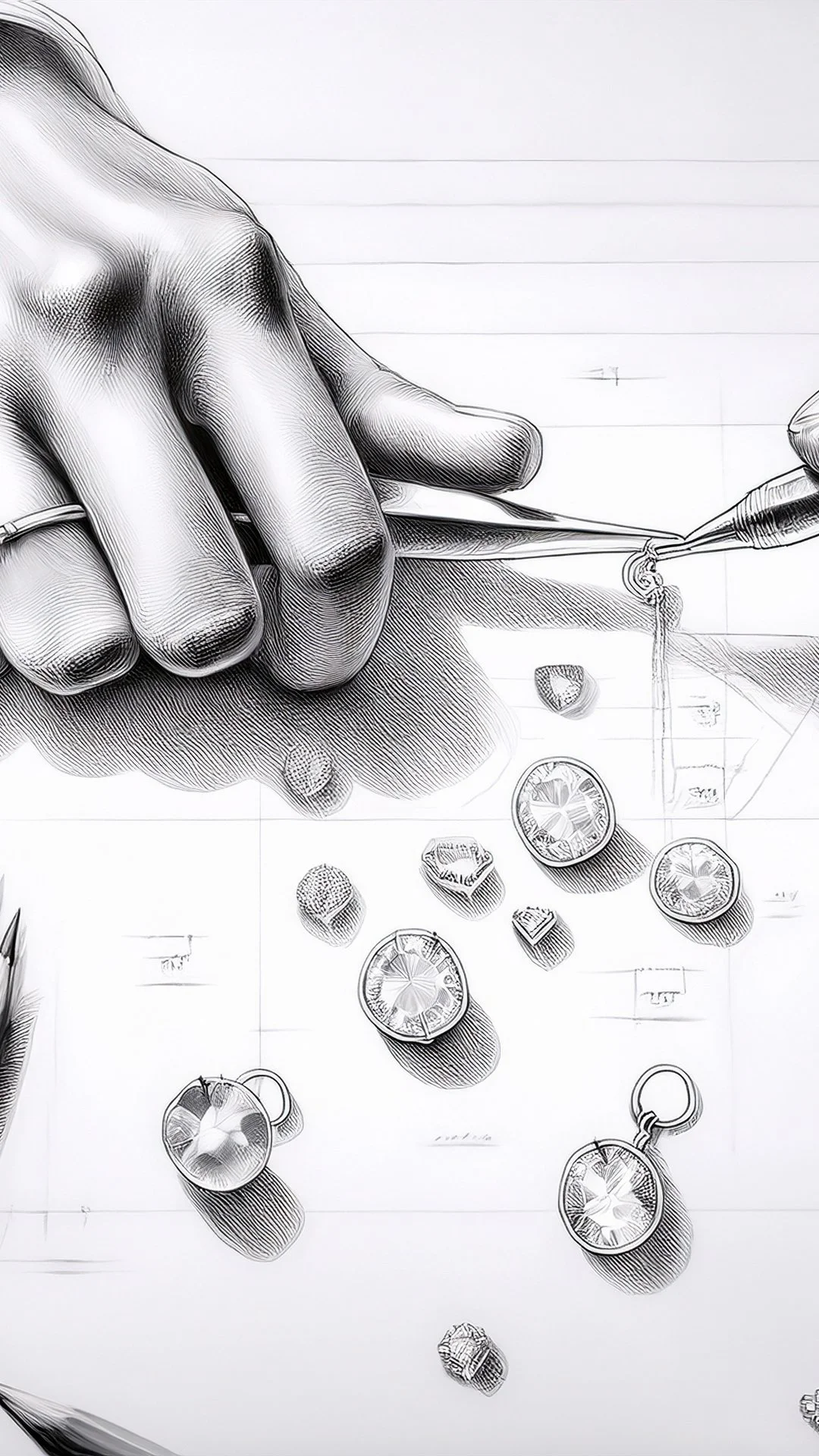 Line drawing of a hand holding a pen, sketching rings, gemstones, and jewelry on paper.