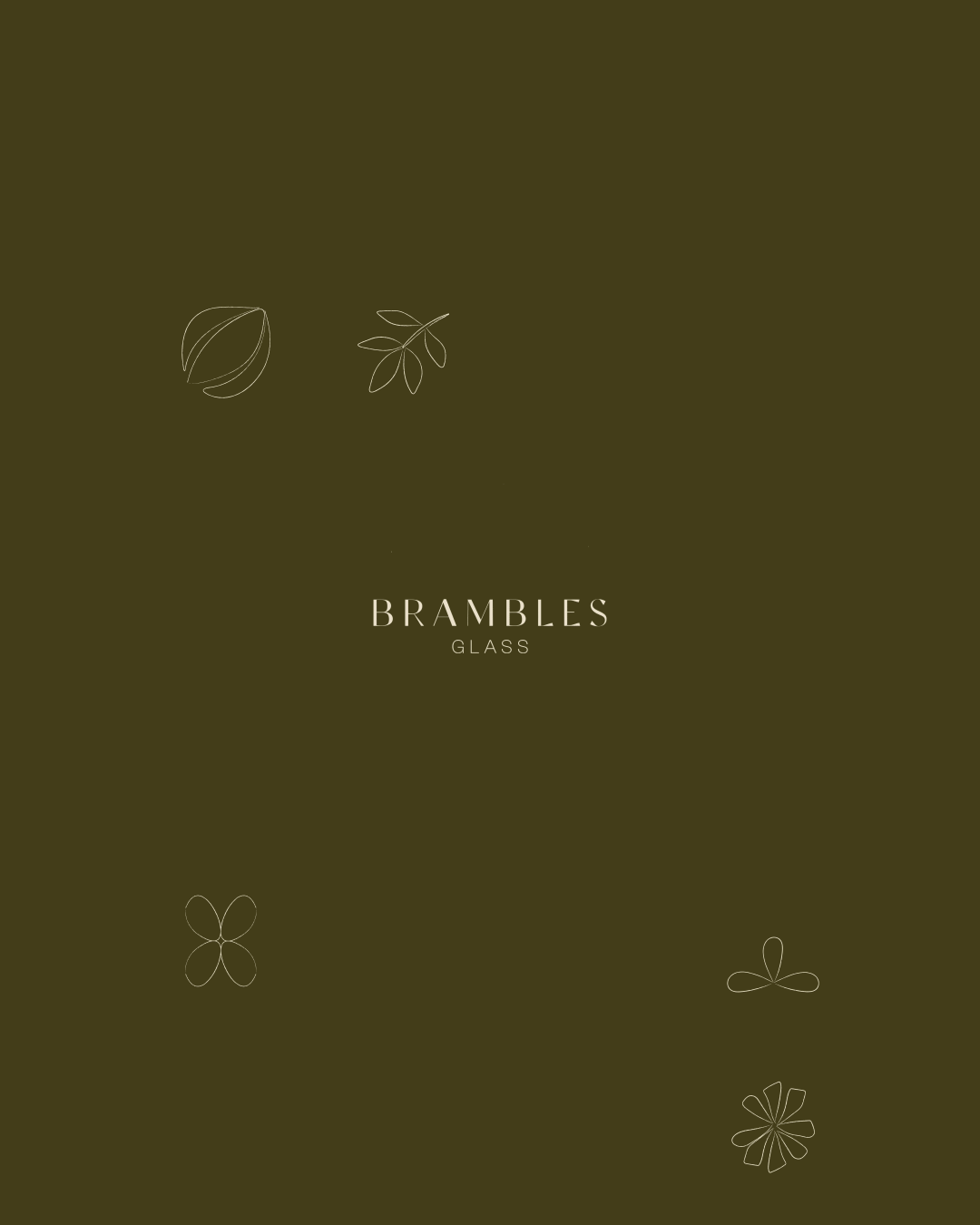 Forest green background with minimalist line drawings of leaves and flowers, and the text 'BRAMBLES GLASS' in the center.
