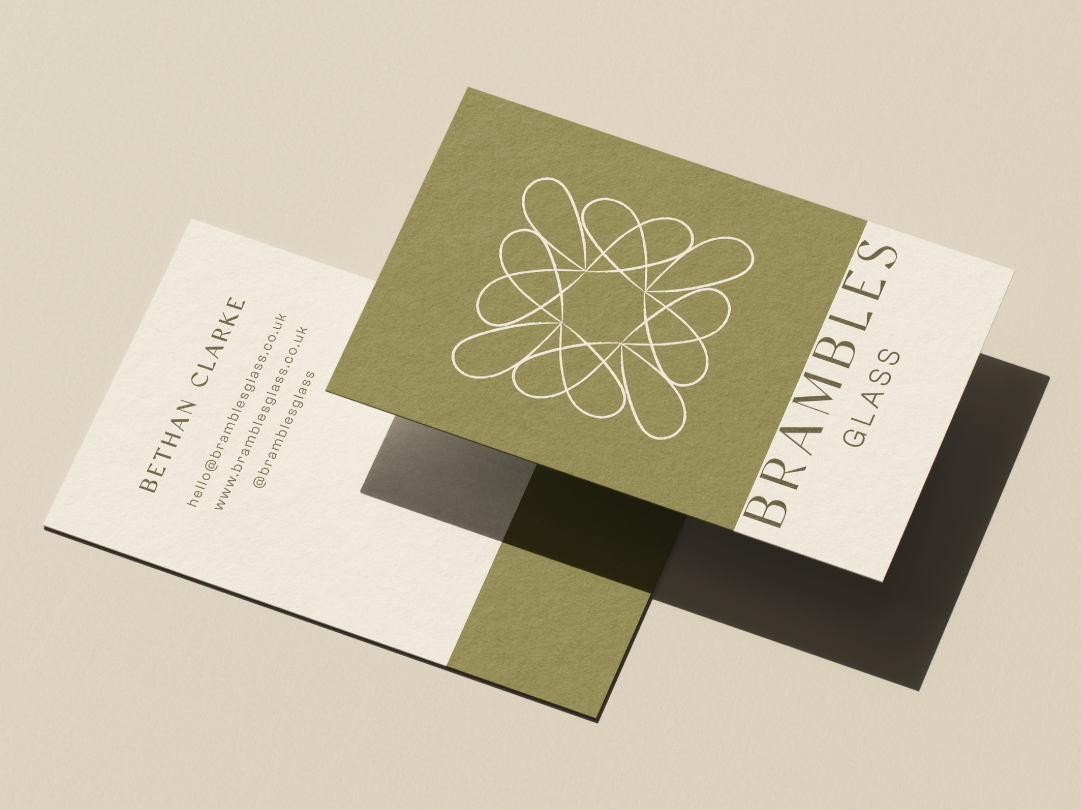 Business cards for Bramble Glass featuring a geometric white line logo on a green background and contact details on a white background.