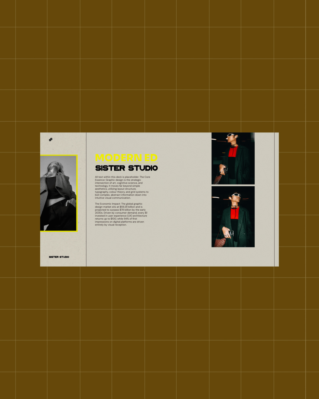 A digital layout of a brochure or magazine spread with text about a modern ed sister studio, including a black and white photo of a woman on the left and color images of a woman on the right, dressed in stylish clothing with sunglasses.