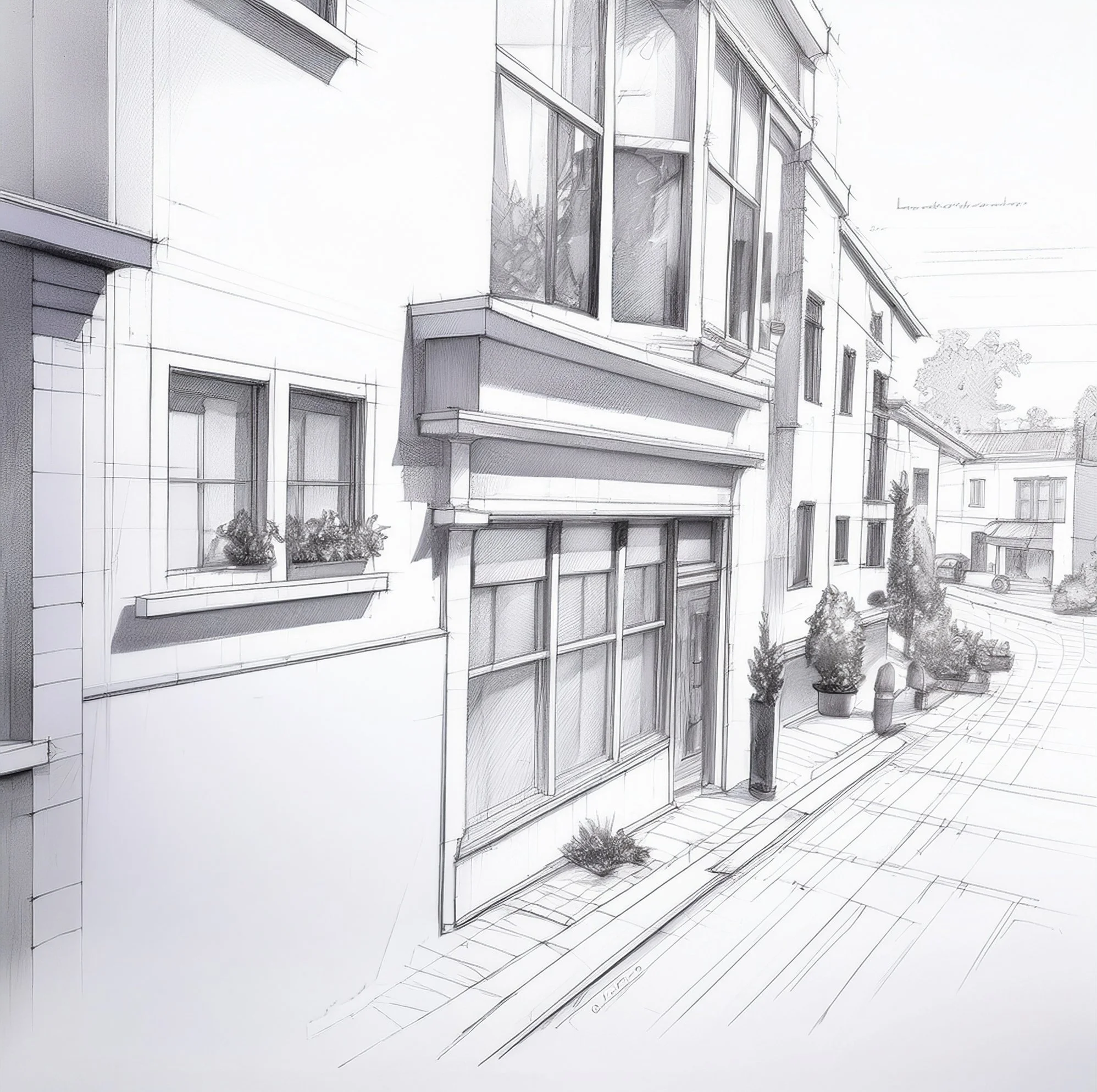 Architectural sketch of a modern residential building with large windows, balconies, and exterior details, showing trees and a sidewalk in front.