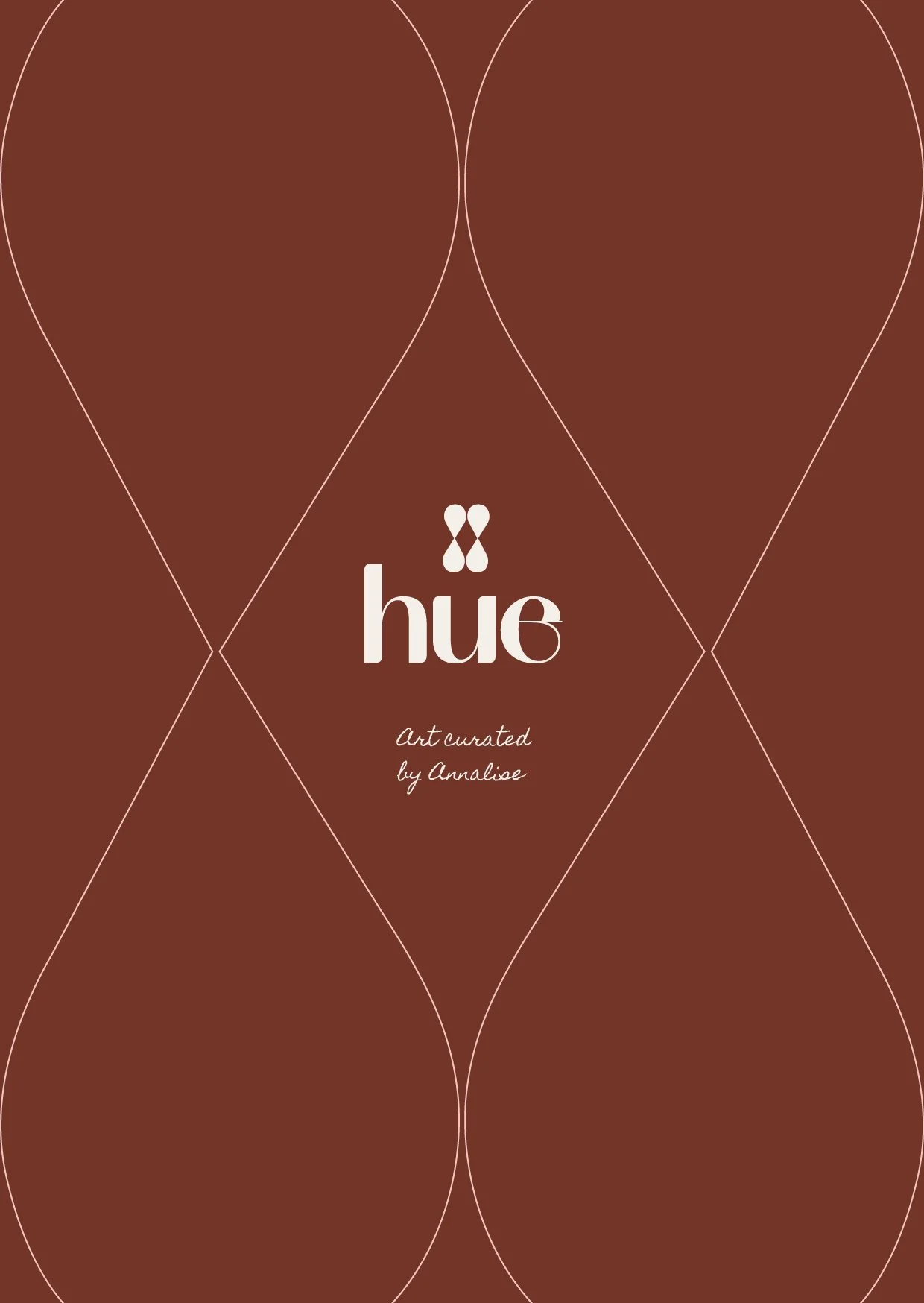 Brochure cover with a brown geometric pattern and white text that says 'hue' with a small double dot above the 'u,' and additional text below that reads 'Art curated by Analise.'