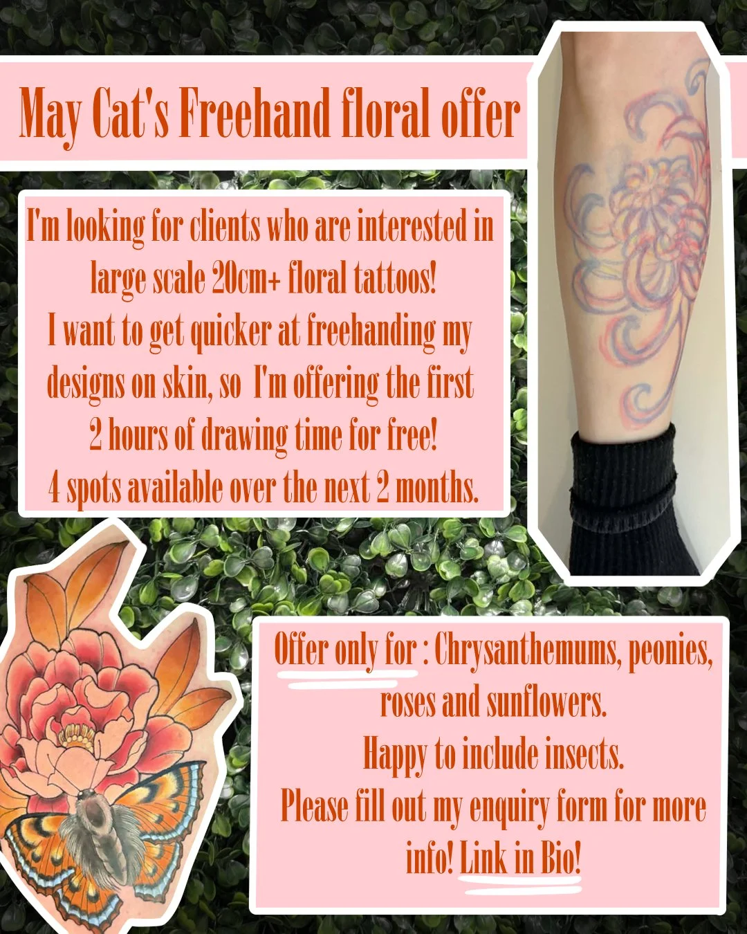 🌱Freehand Floral offer🌱

[Please read the details above]

🏵The first 2 hours of drawing is free!

🏵I'm searching for clients who are interested in large scale floral tattoos so I can upskill myself in freehand designs! 

🏵Why freehand designs? D
