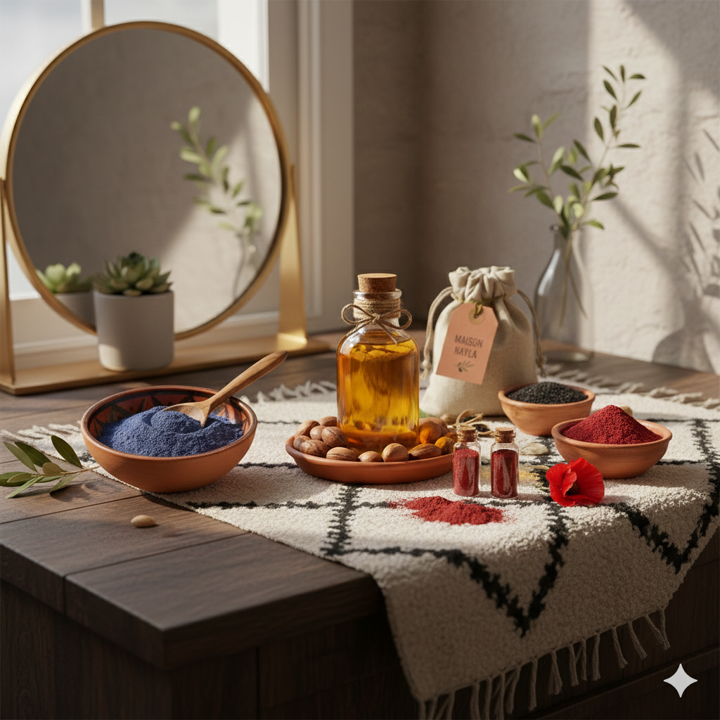Cosmétiques naturels et huiles essentielles sur une table en bois dans une pièce lumineuse avec un miroir en arrière-plan.