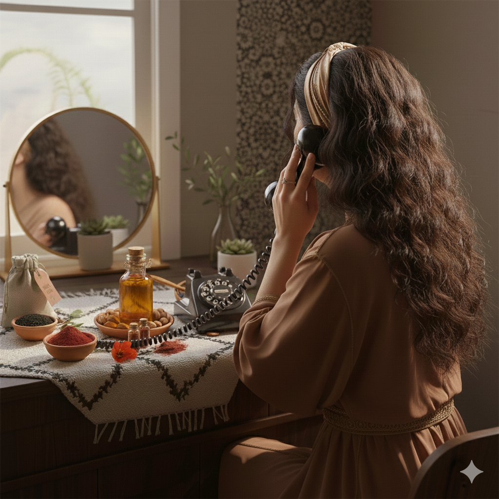 Femme parlant au téléphone avec une coiffeuse à la main, dans un intérieur décoré avec une table avec divers produits de soins, un miroir rond, et une plante.