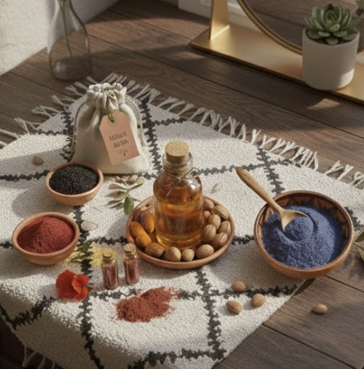 Arrangement de diverses poudres colorées, huile en flacon, noix, et petites fioles sur un tapis blanc avec motif.
