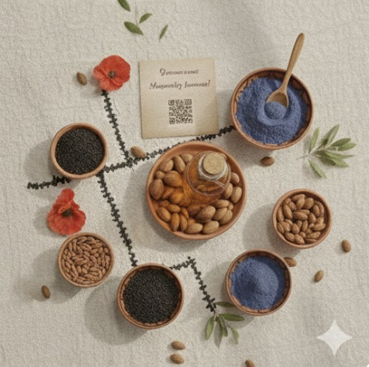 Différents contenants en terre cuite avec des graines, des fleurs séchées, une bouteille d'huile, de la poudre bleue, une carte avec un code QR, et des feuilles vertes sur une surface beige.