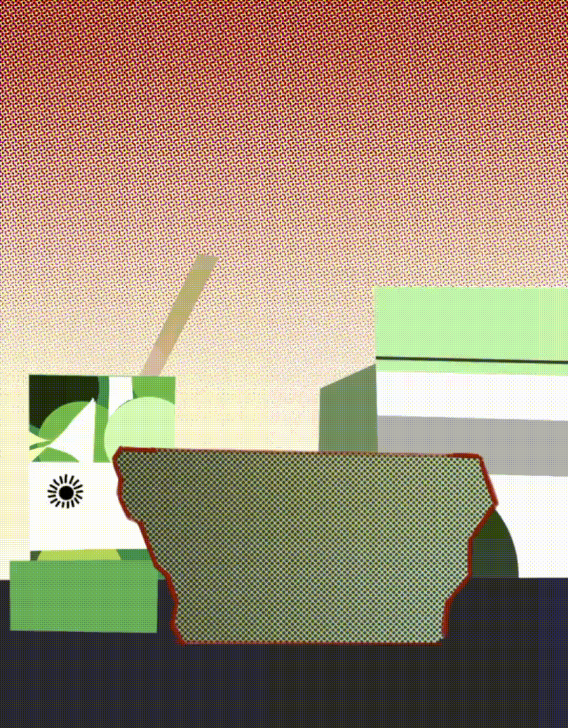 A partially masked pixelated digital illustration of a green plant and fruit with a gradient background from pink to beige.