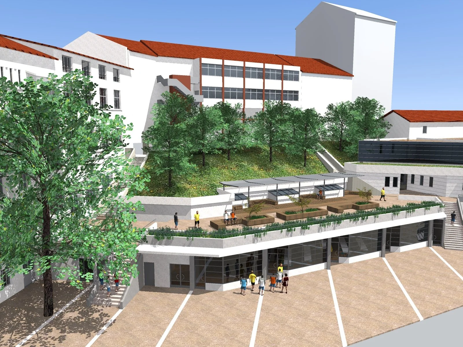 Un rendu architectural d'un espace public avec des arbres, une aménogation pour les piétons, une zone commerciale au rez-de-chaussée, et un bâtiment en arrière-plan, sous un ciel bleu.