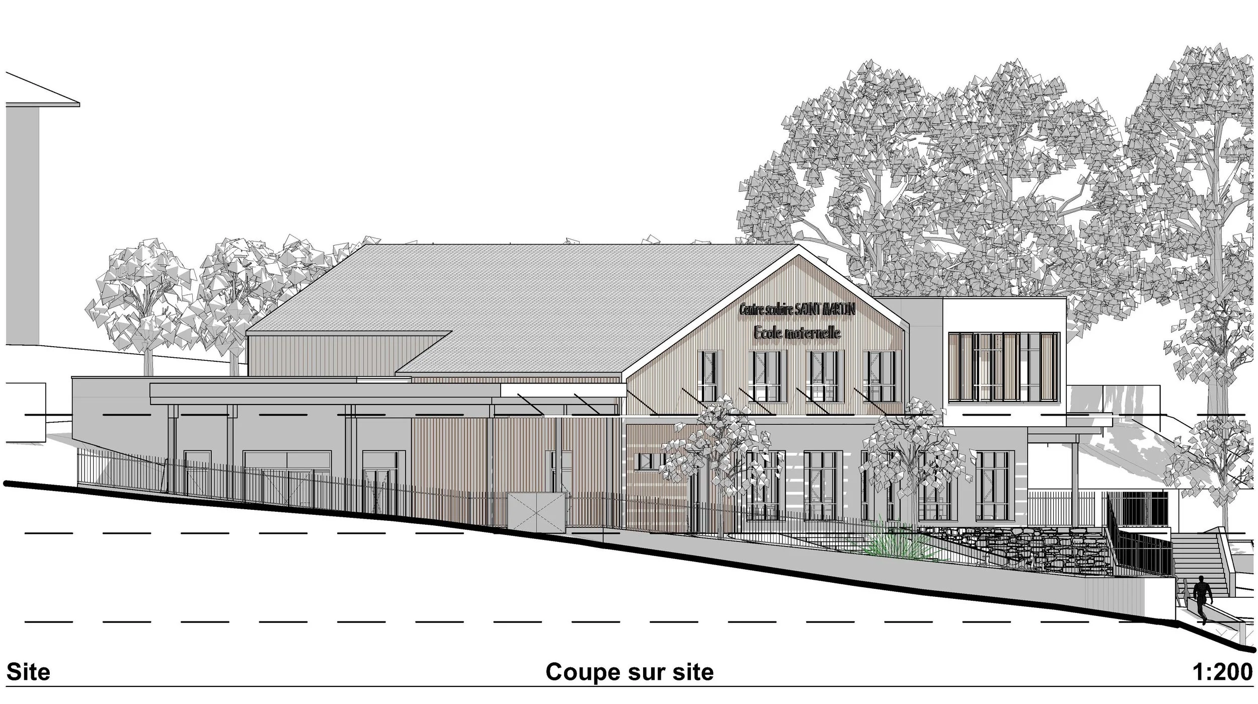 Plan architectural d'un bâtiment scolaire avec arbres environnants, inclus dans un dessin technique avec annotations et échelle 1:200.