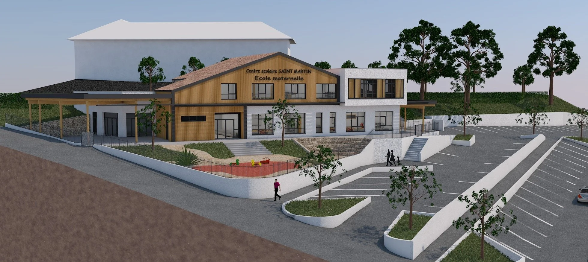 Vue numérique d'une école maternelle nommée Saint Martin, avec un parking, des arbres, des terrains de jeu pour enfants, et un bâtiment principal moderne en construction.