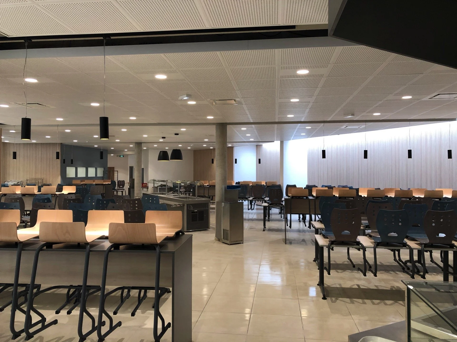 Une salle d'attente ou de réunion vide avec des chaises en bois et en plastique, un plafond suspendu avec des luminaires, et des murs en bois clair.