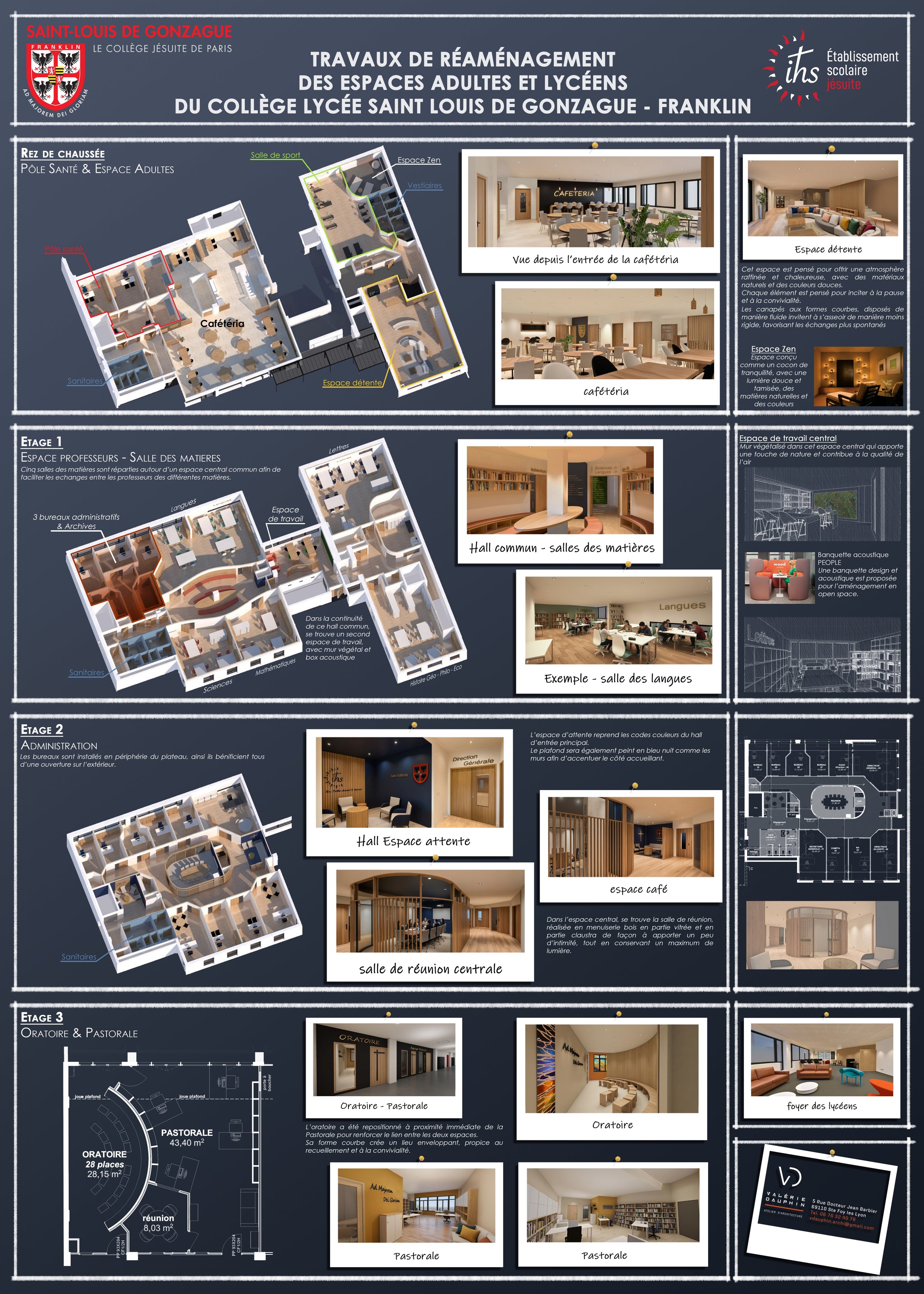 Plan architectural d'un projet de réaménagement des espaces pour le collège lycée Saint Louis de Gonzague Franklin, comprenant différentes étages avec zones pour la détente, l'administration, les salles de classe, le pastorale, ainsi que des images de ces espaces.