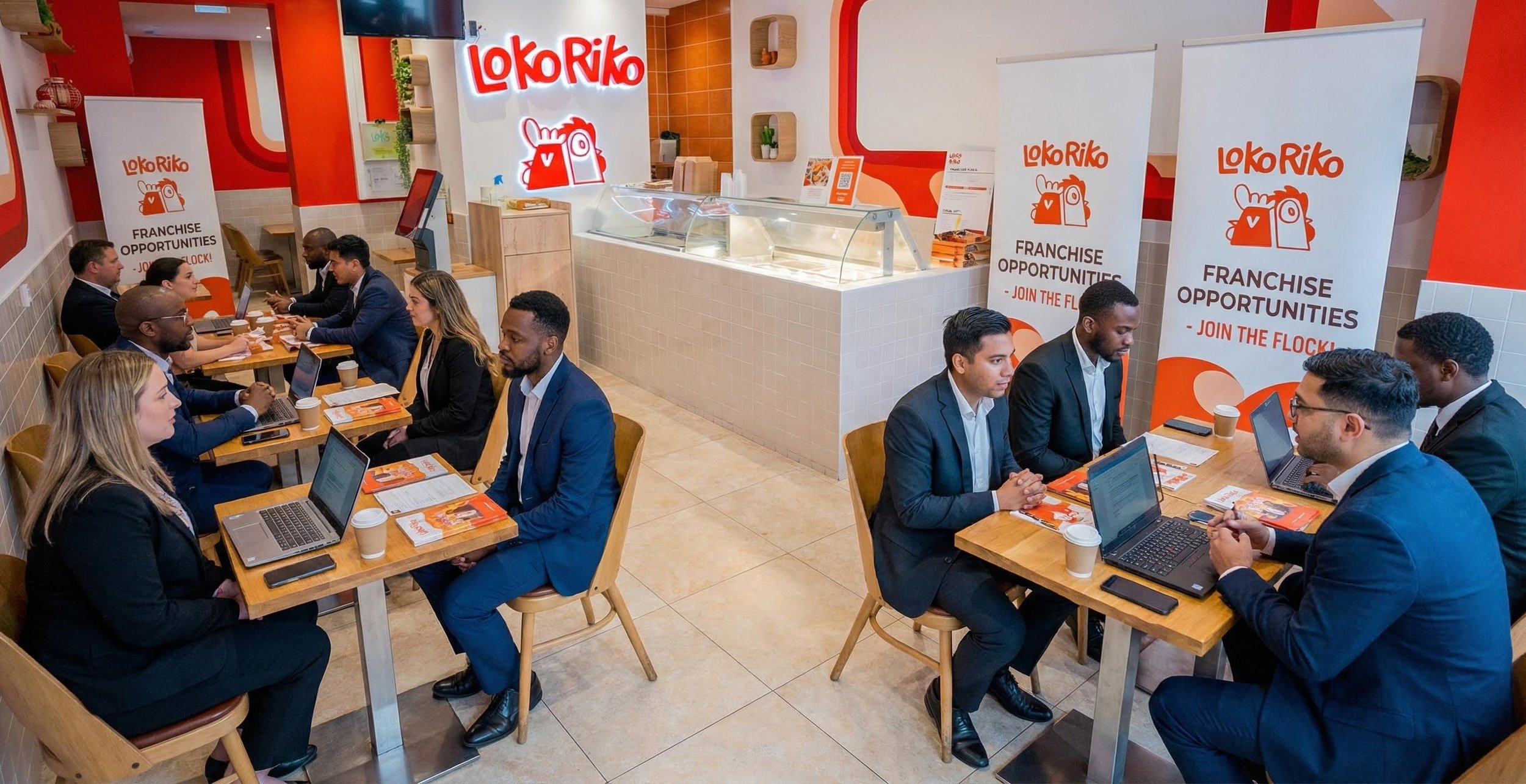 Réunion franchisés dans un restaurant rapide avec huit personnes en costume, utilisant des ordinateurs portables, avec des affiches de franchise "Loko Riko" dans la salle.
