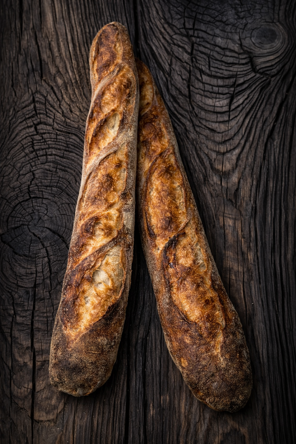 Dos baguettes de pan crujiente en una superficie de madera oscura.