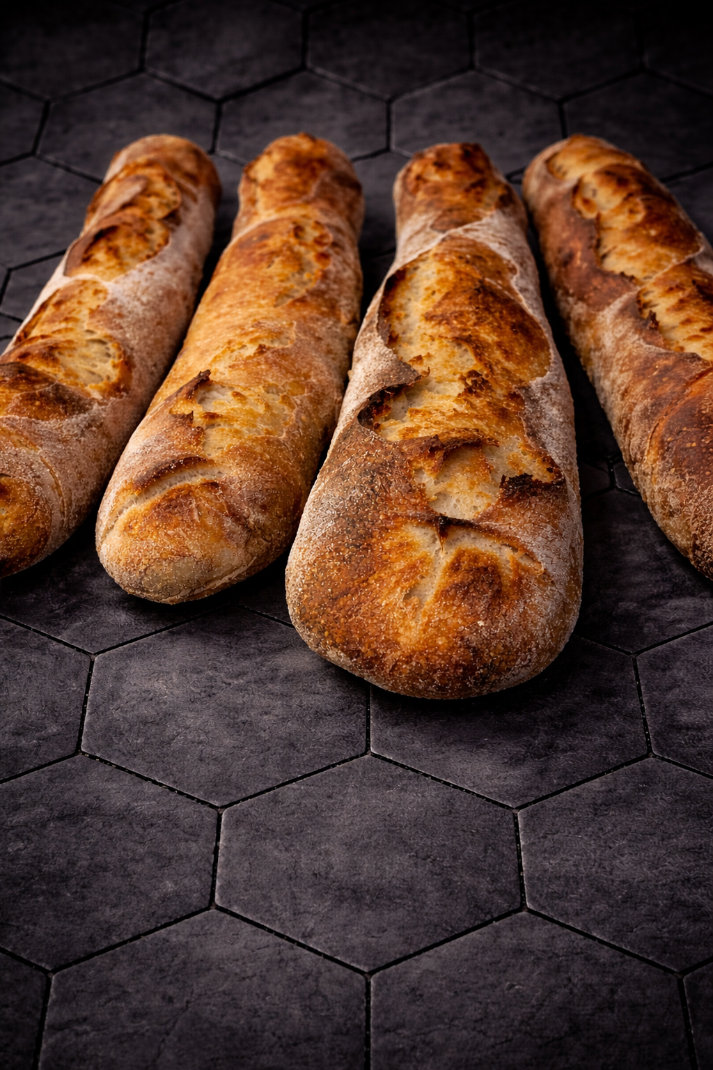 Cuatro baguettes de pan crujiente en una superficie de baldosas negras hexagonales.