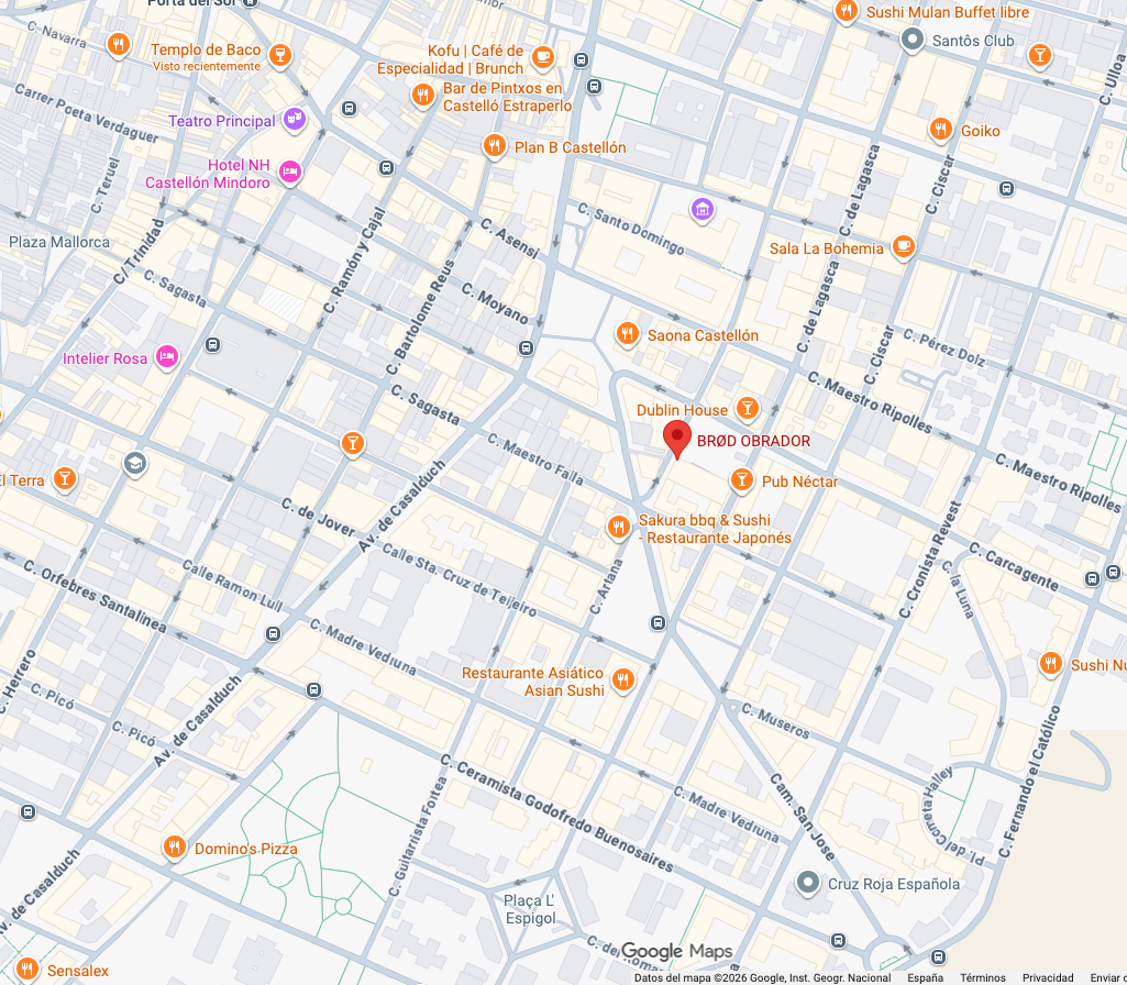 Mapa de una ciudad con varios restaurantes, hoteles y lugares de interés, incluyendo bróder en la calle principal.