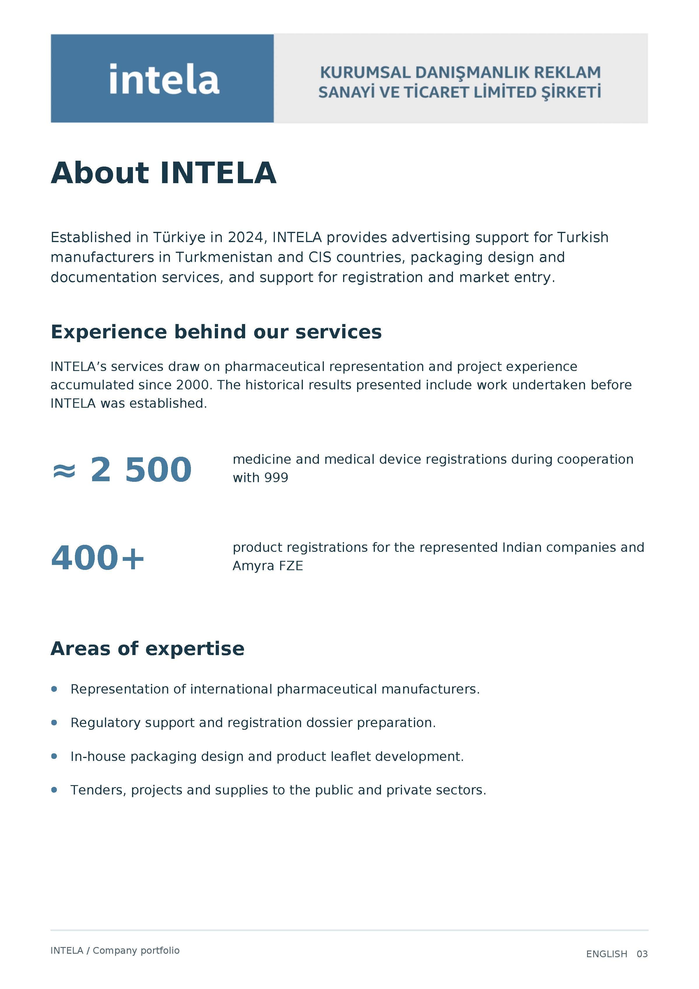 Company profile page for INTELA, a Turkish consulting and advertising firm established in 2024, describing services in pharmaceutical representation, registration, packaging, and project support, with sections on expertise and service areas.