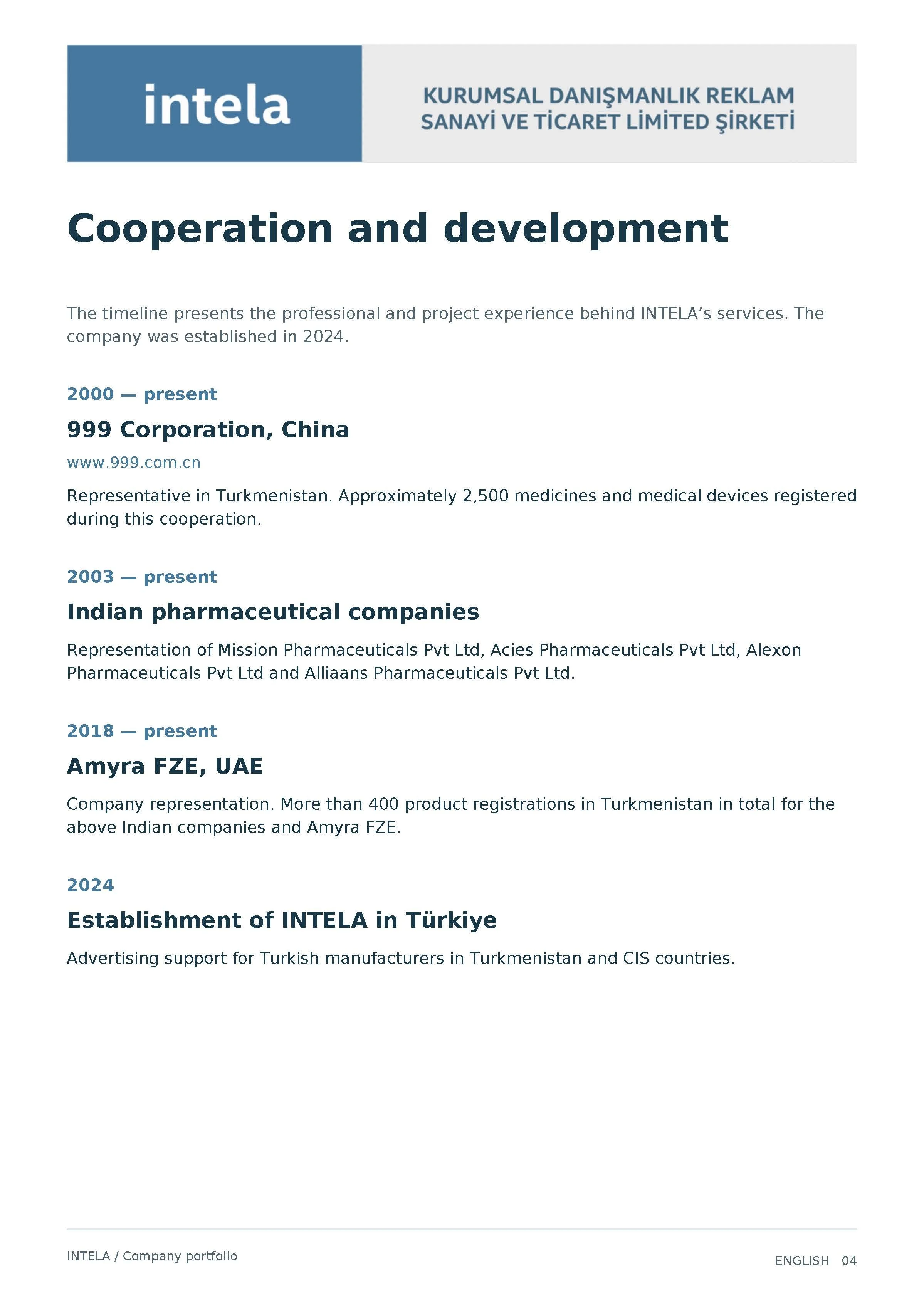 Company portfolio page for INTELA, a consulting and trade company established in 2024, featuring a timeline of their development and international partnerships.