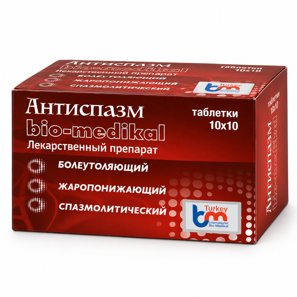 Red box of anti-spasm medication tablets labeled 'bio-medikal' with Turkish and international logos, indicating 10x10 tablets.