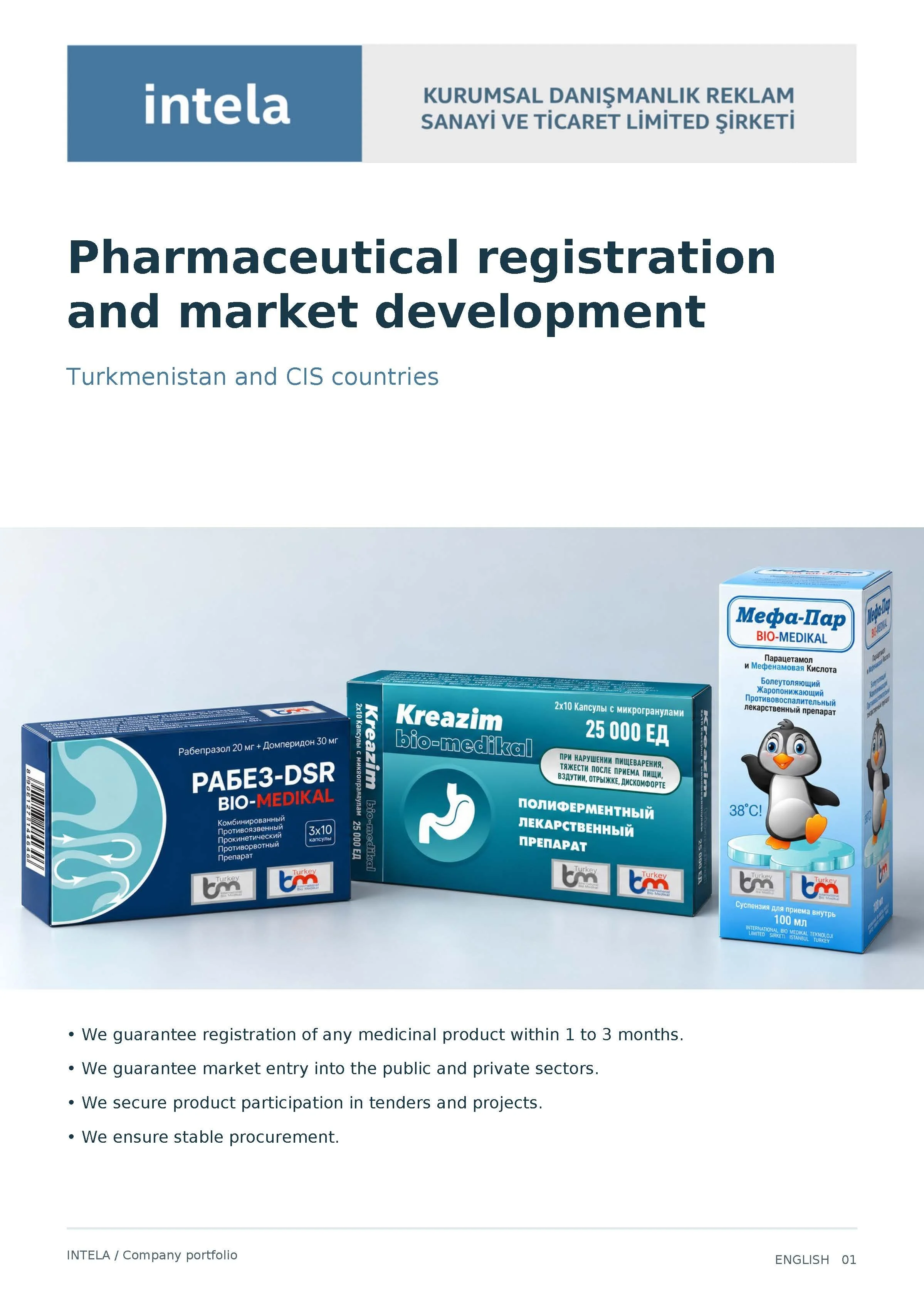 A business presentation slide for INTELA showcasing pharmaceutical products and market development, with boxes of medication including creams, capsules, and oral solutions, and text outlining company commitments and market strategy.