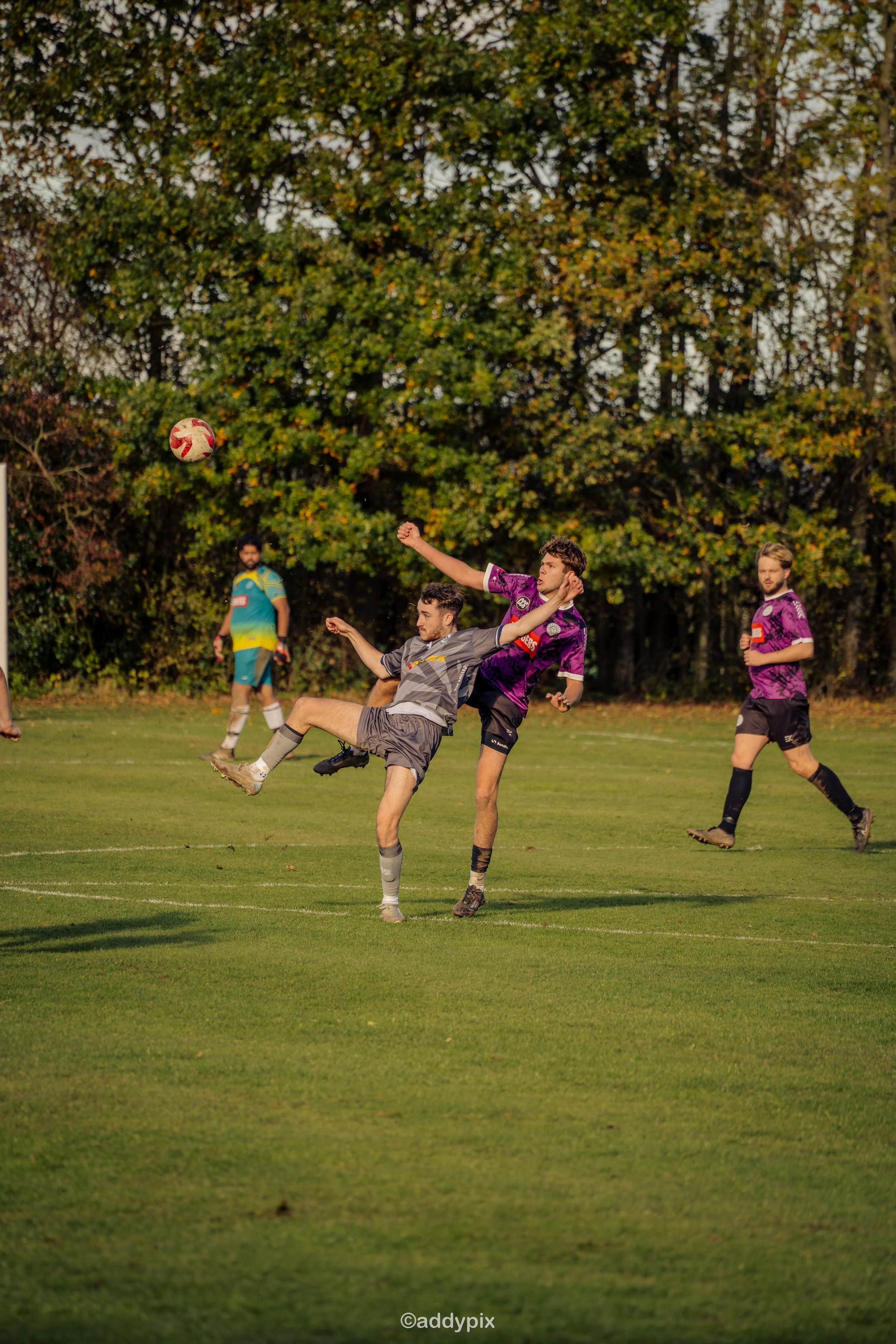 Soccer players in action during a game on a grassy field with trees in the background.