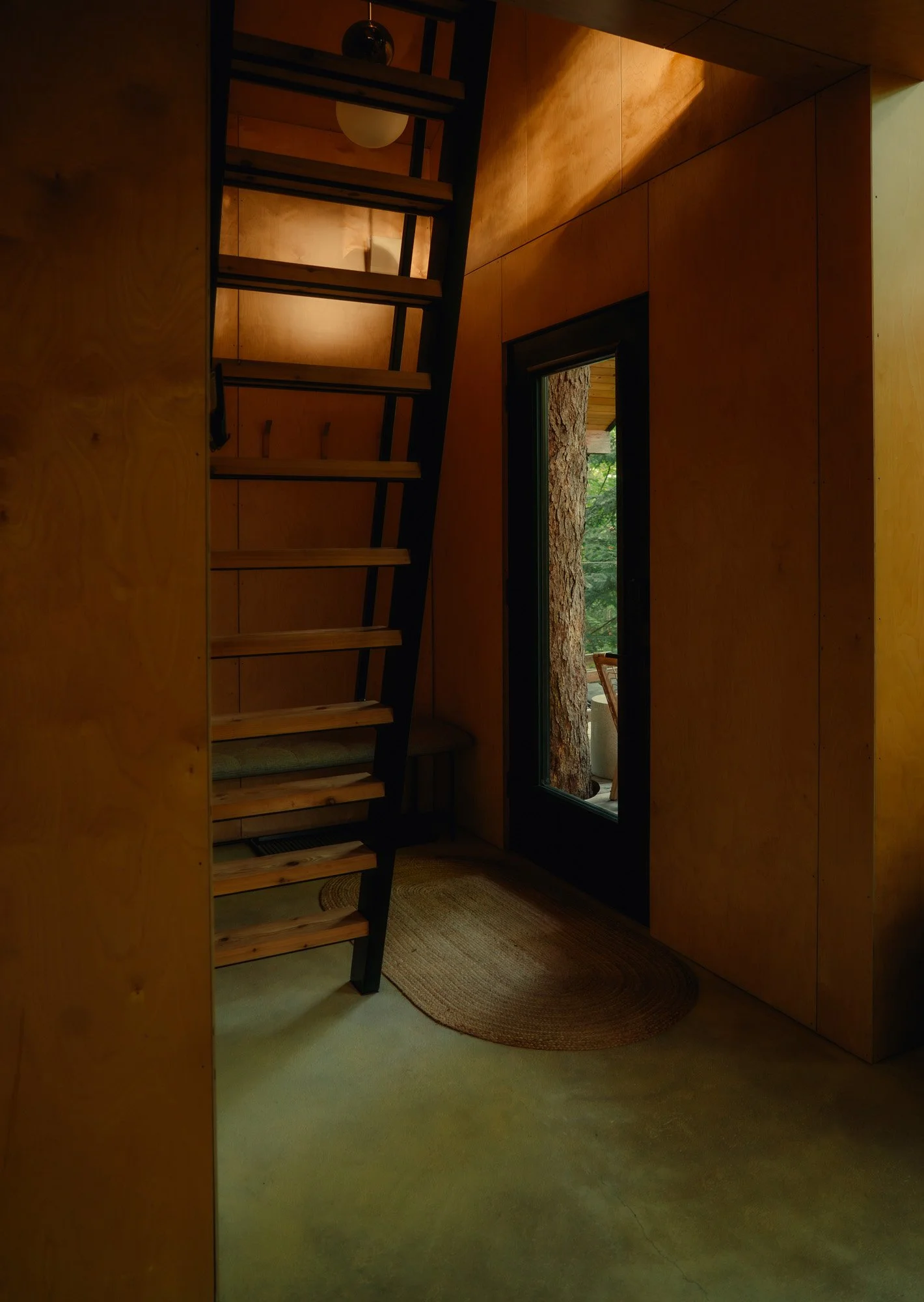 Interior of a modern house with wooden walls, a staircase made of wood and black metal, a glass door leading outside, and a small woven rug on a concrete floor.