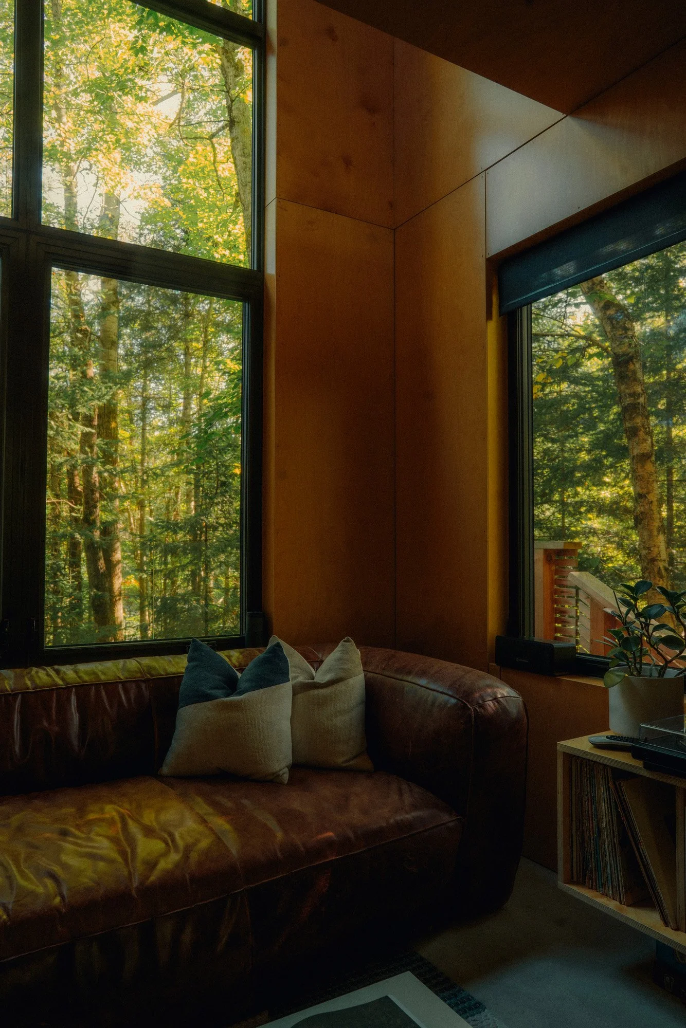 Interior of a cozy living room with large windows showing a forest outside, a leather sofa with pillows, and a small bookshelf with vinyl records.