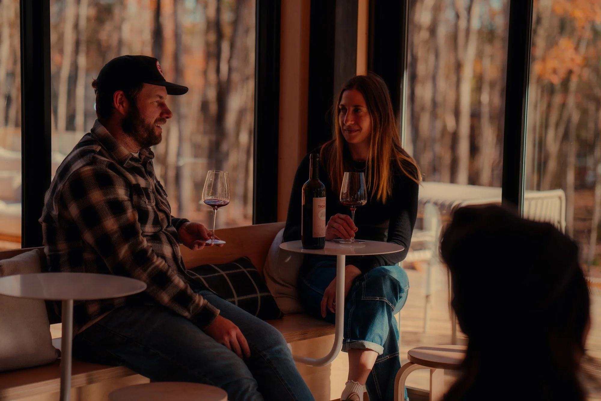 Two people sitting on a wooden bench inside a cozy room, sharing a glass of wine and chatting, with large windows showing a forested area outside.
