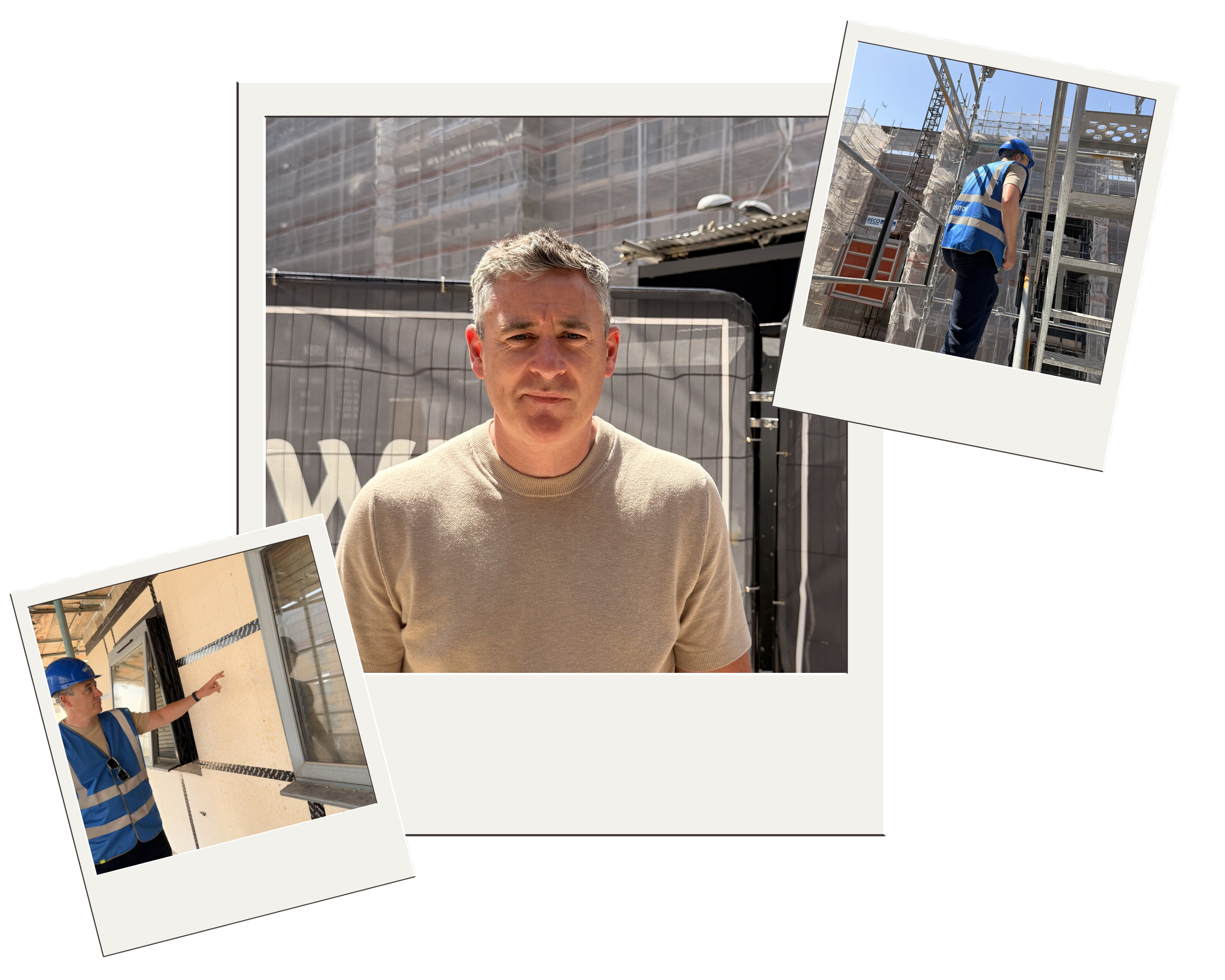 Photos of Director Philip Mallon at a building site; he is wearing a beige shirt,  blue vest and blue hard hat.