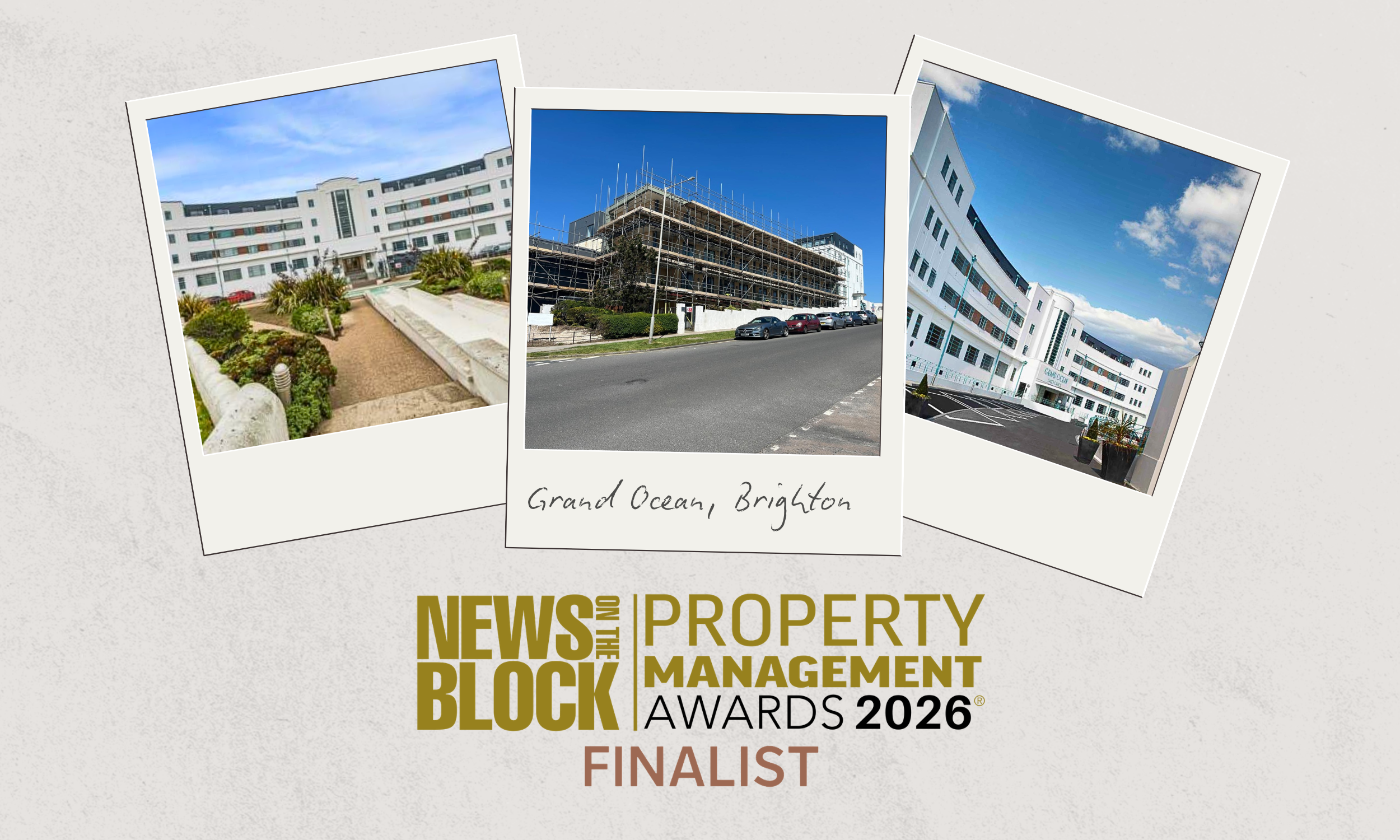 Grand Ocean, Brighton during cladding remediation, with the Property Management Awards 2026 Finalist logo.