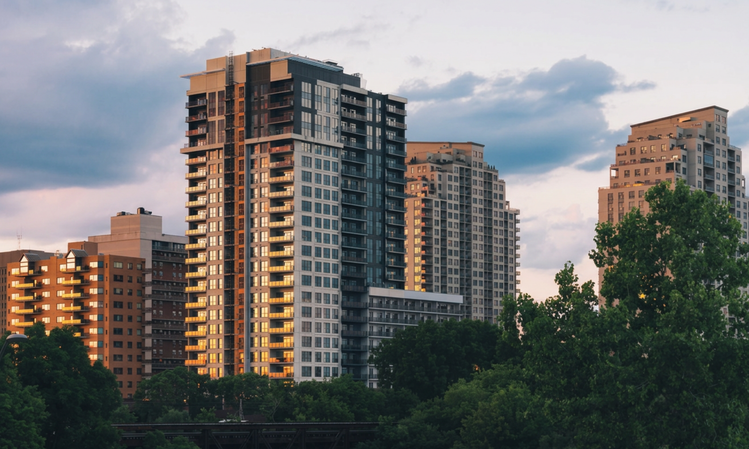 Blocks of apartment buildings at sunset