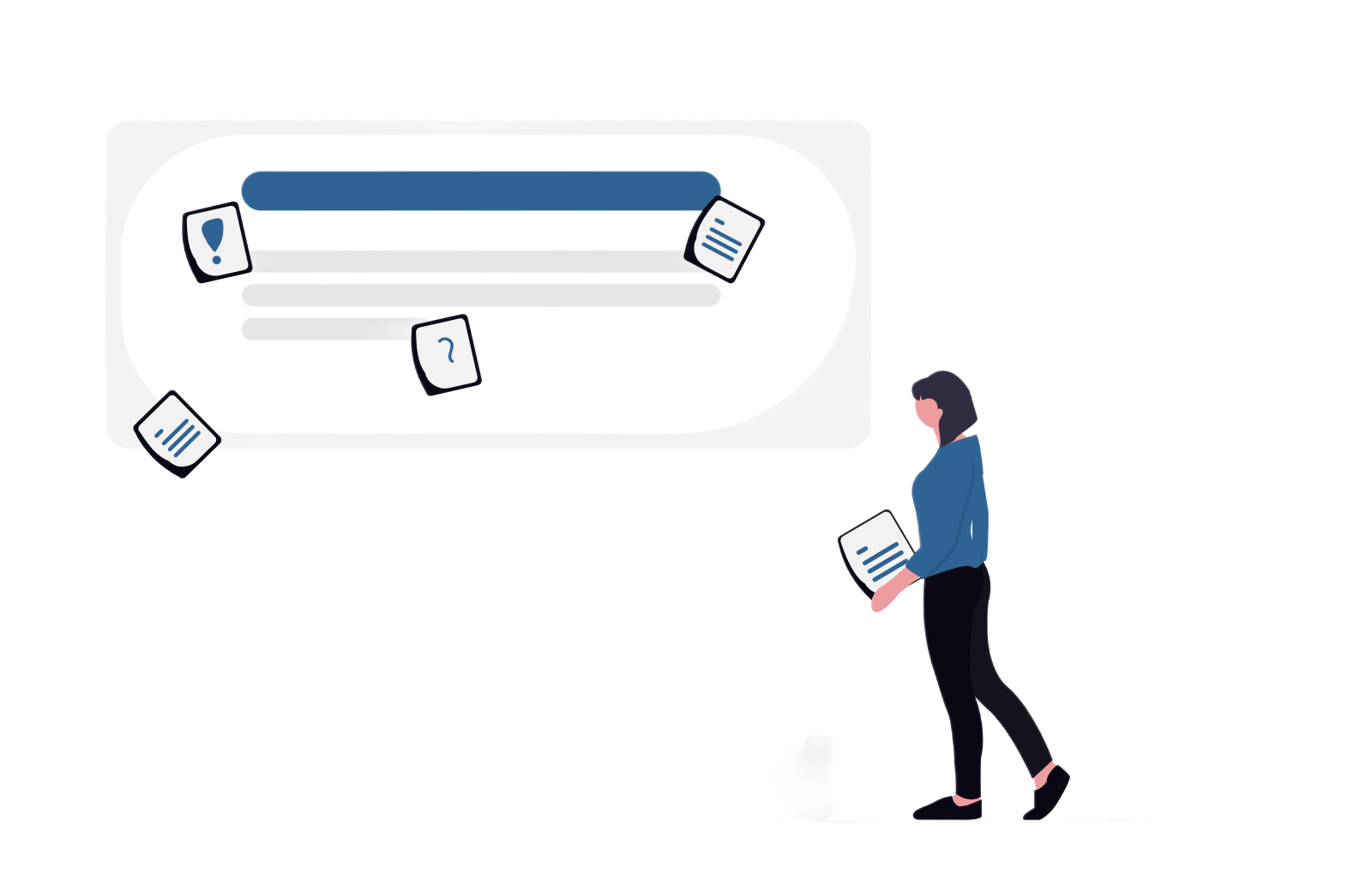 Illustration of a woman holding a document, standing in front of a large chat bubble with various notes and question marks inside.