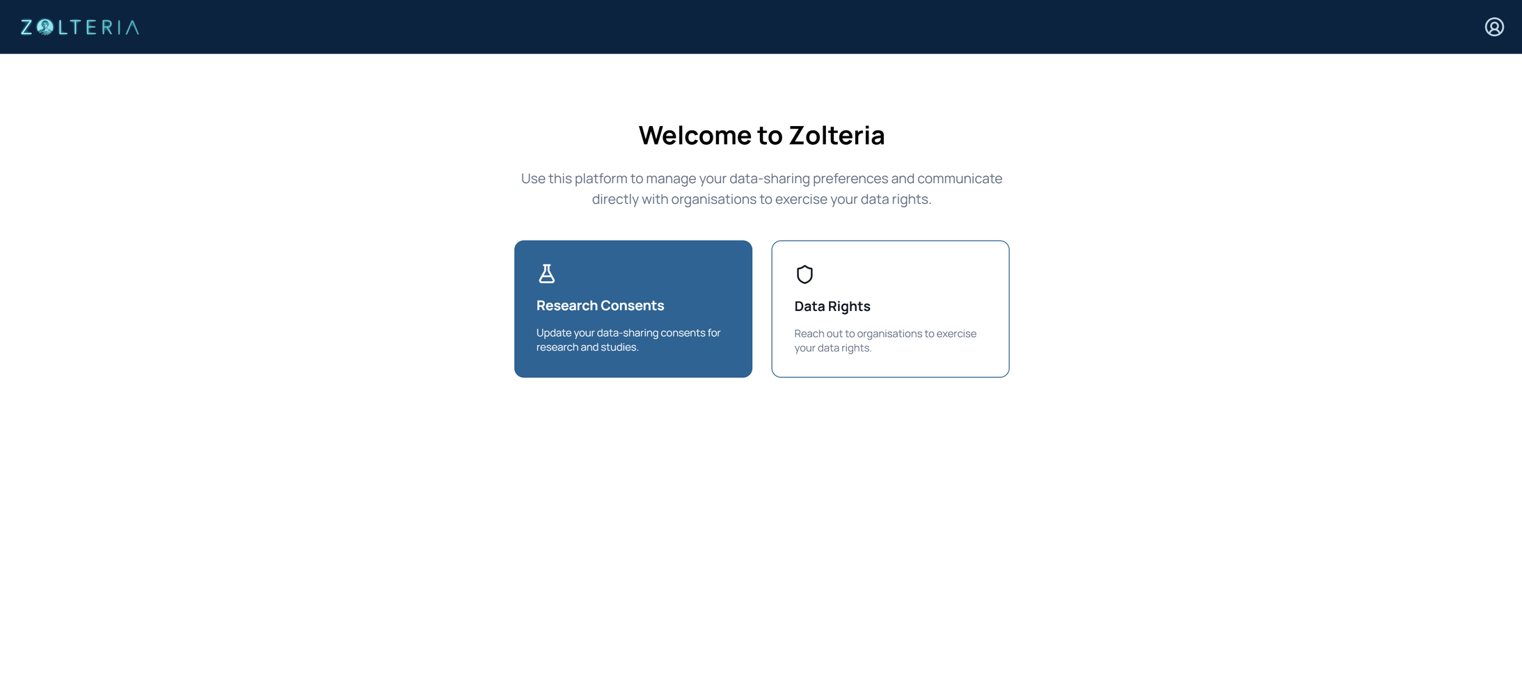 Zolertia's website homepage displaying a dark blue top header, logo, and main section with a welcome message and two options: 'Research Consents' and 'Data Rights' with brief descriptions.