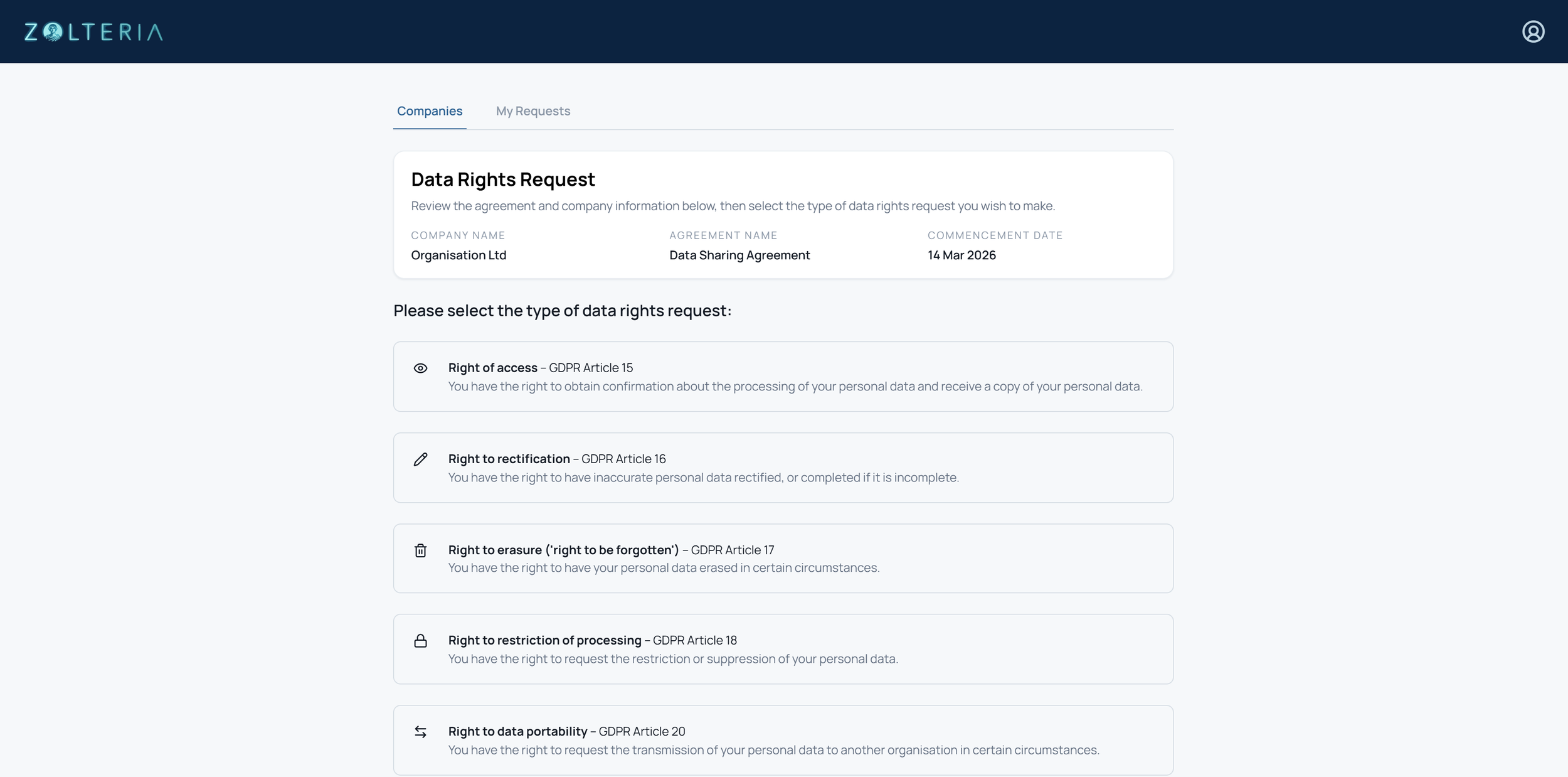 Screenshot of a webpage titled 'Data Rights Request' from Zolertia, showing options for selecting data rights requests under GDPR articles, including access, rectification, erasure, restriction, and portability.