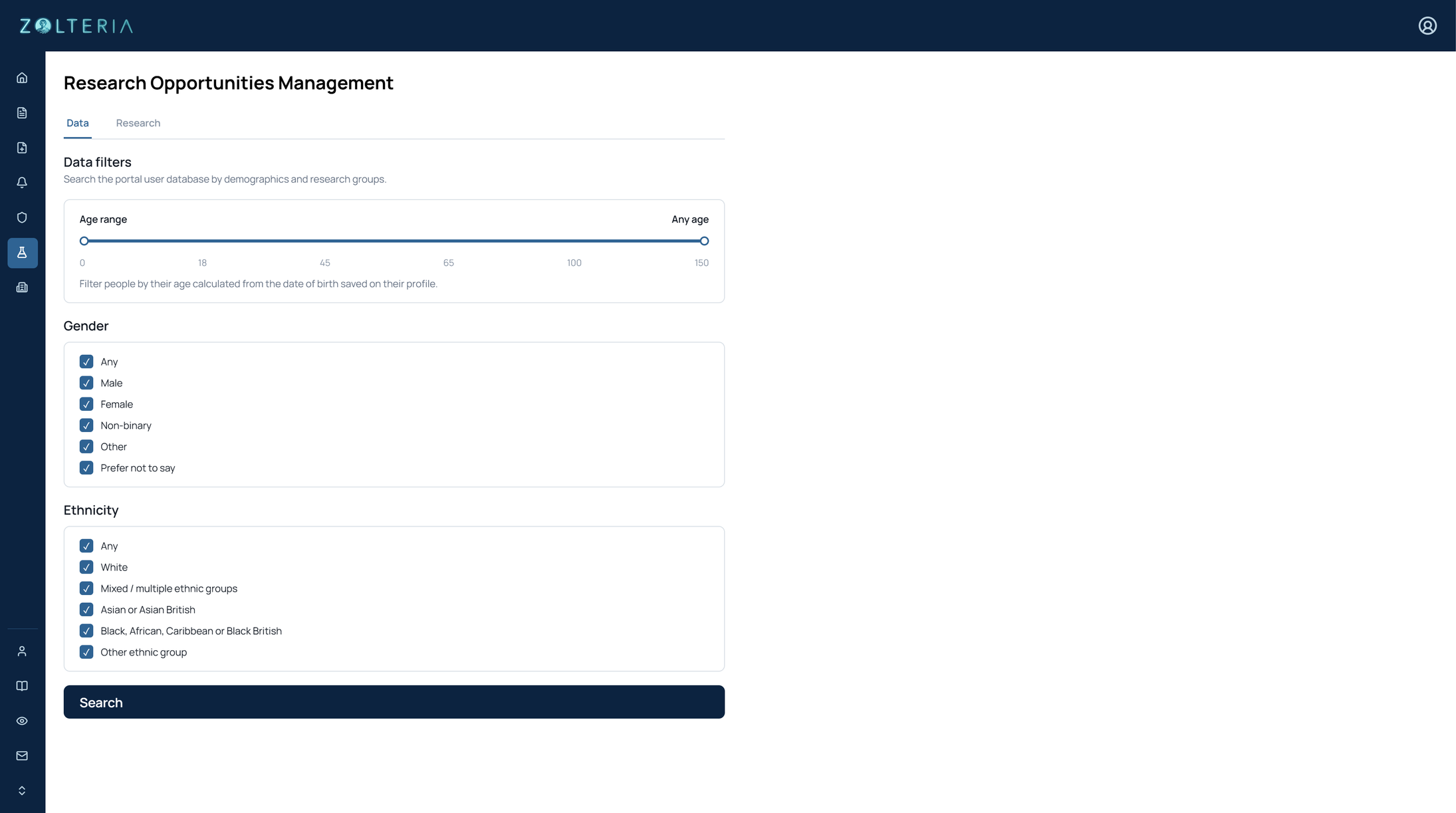 Screenshot of a research data management web interface with options to filter demographics such as age, gender, and ethnicity for research opportunities.