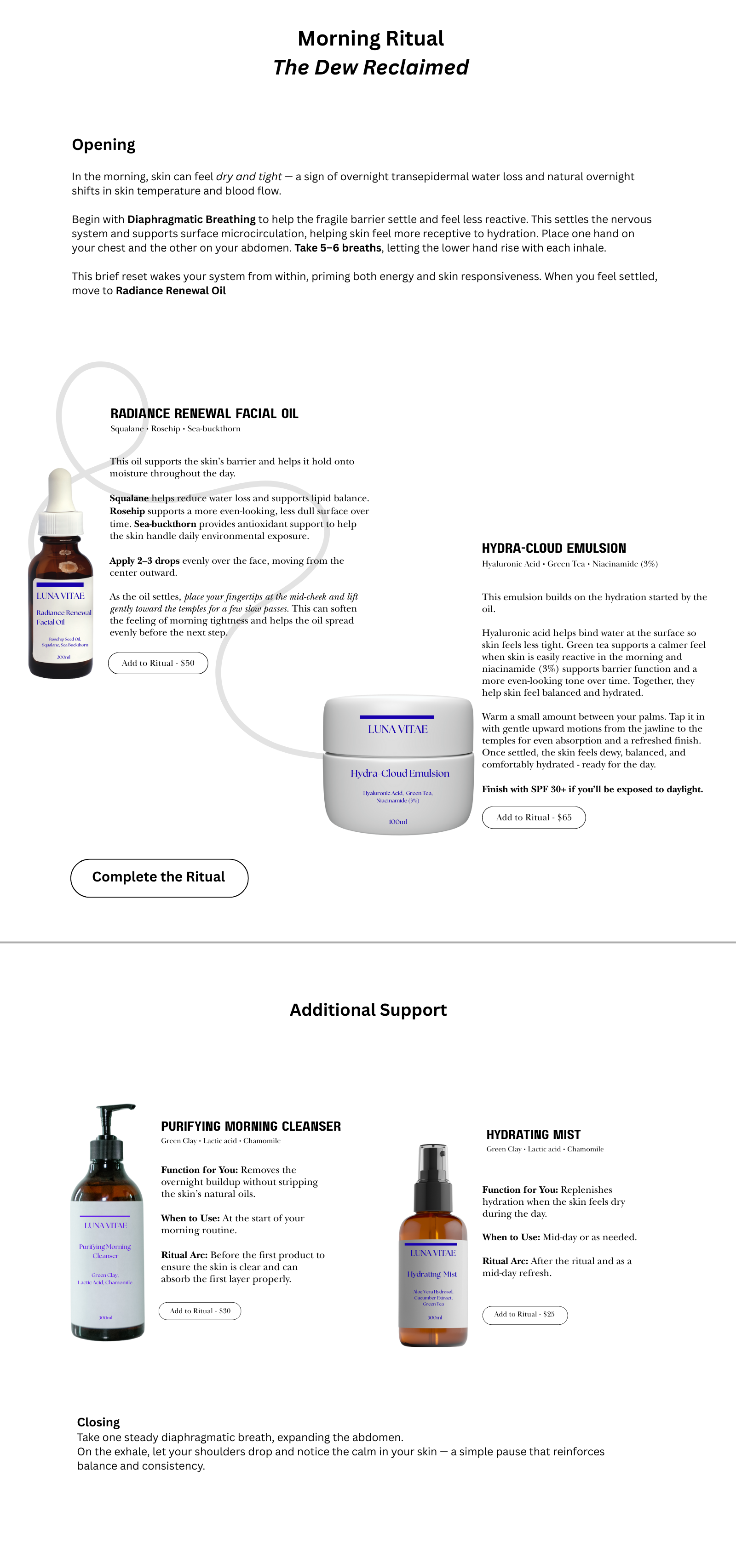 Collection of skincare products including a facial oil in a brown bottle with a pump, a hydra cloud emulsion in a white jar, a purifying morning cleanser in a white bottle, and a hydrating mist in a brown bottle with a spray top, all labeled with the brand name 'LUNA VITAE'.
