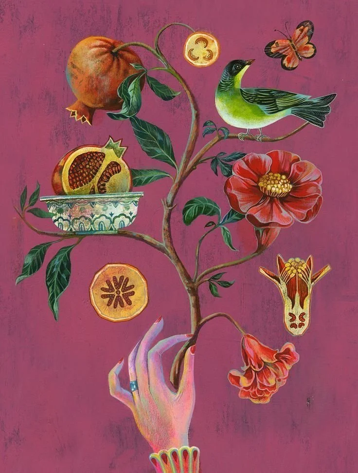 A hand holding a branch with various flowers, fruits, a bird, and a butterfly against a pink background.
