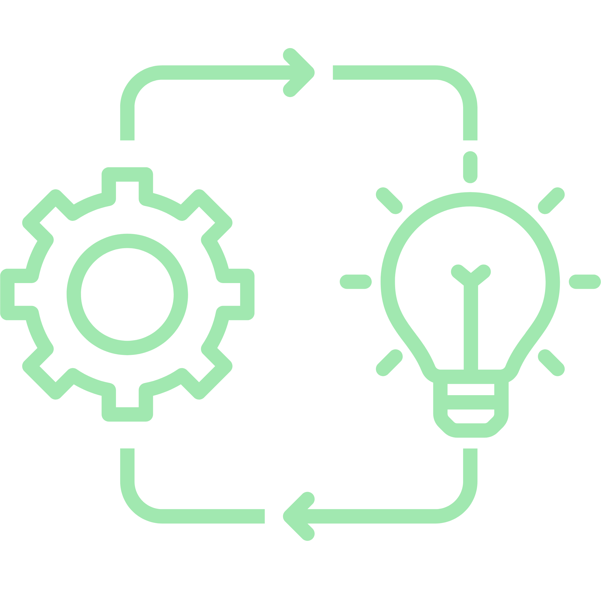 cog and lightbulb with arrows icon