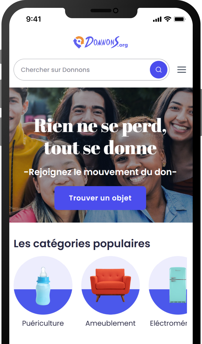 Page d'accueil de la plateforme Donnons.org, mettant en avant une image de groupe de personnes souriantes avec un message encourageant à rejoindre le mouvement du don, et affichant des catégories populaires comme puériculture, ameublement, électroménager.