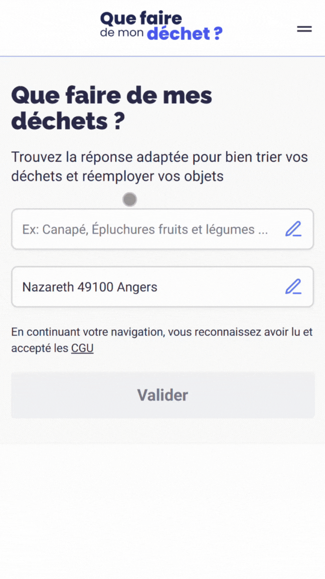 Capture d'écran de "Que faire de mon déchet ?", comprenant un formulaire avec une zone de texte, une adresse à Angers, et un bouton 'Valider'.