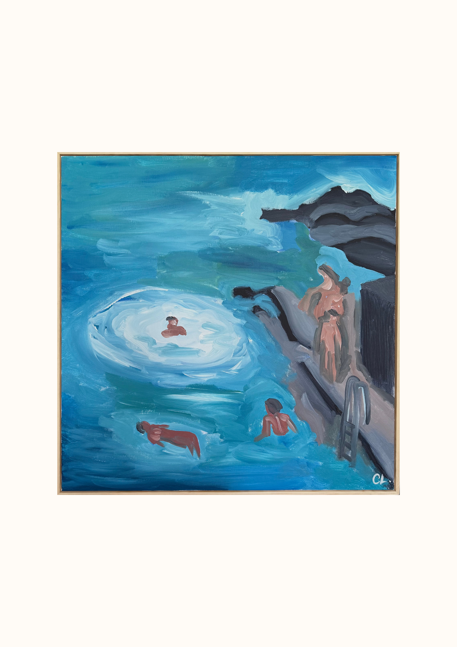 Painting of a public hot spring pool with swimmers, a rocky landscape, and a person standing near the pool's edge.