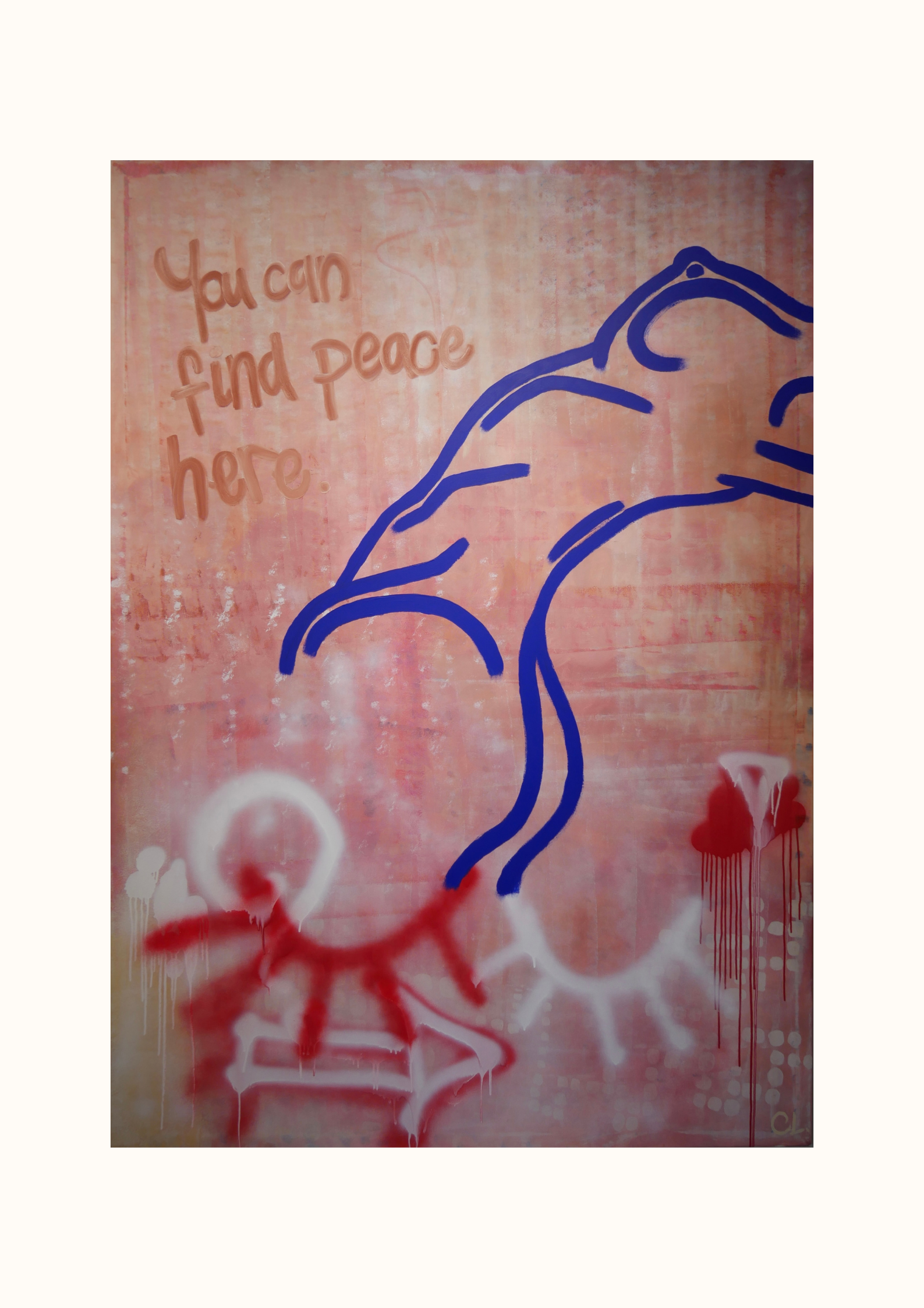 Graffiti on a wall featuring blue outlines of hands reaching or holding, with the phrase "You can find peace here" written in orange; additional abstract designs and red spray paint splatters.