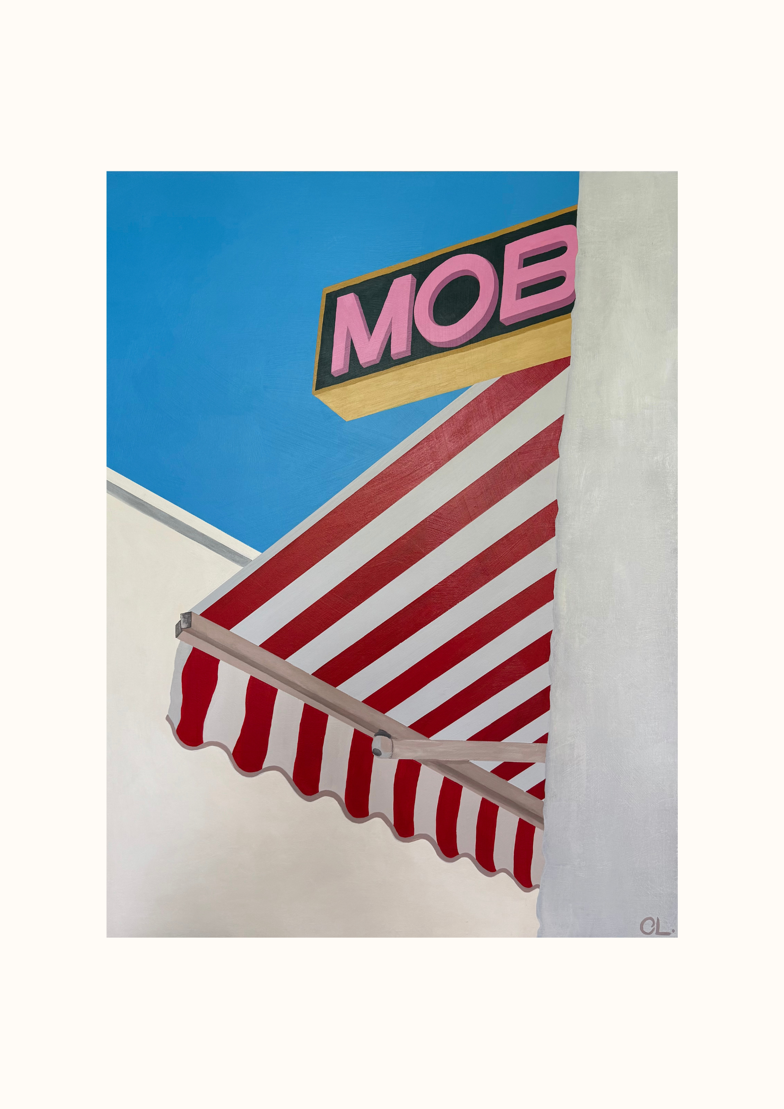 A painted depiction of a red and white striped awning with a staircase underneath, and a pink and purple sign reading 'MOB' partially visible against a blue sky background.