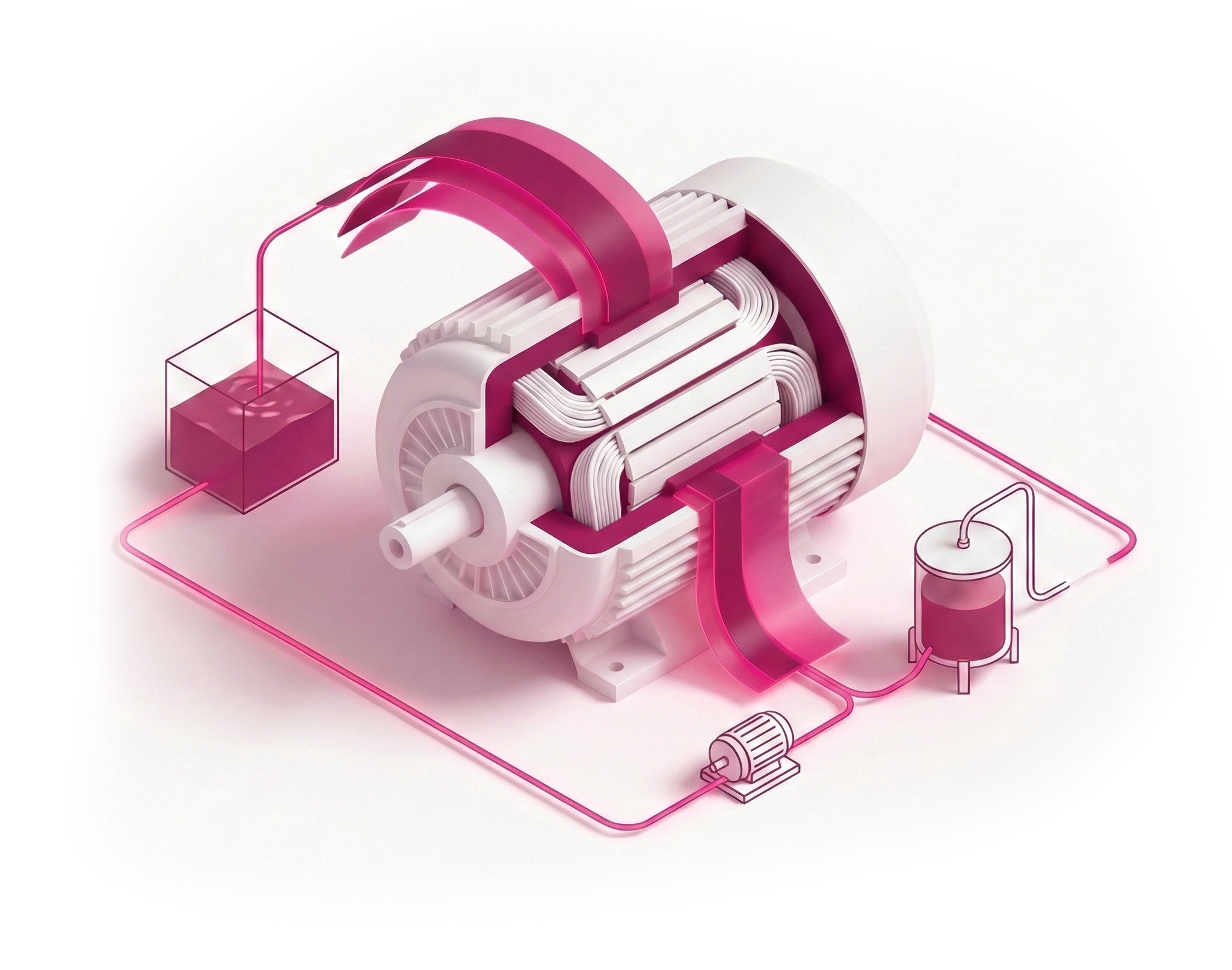 A futuristic, stylized illustration of a machine with white and pink components connected by pink tubes and wires, set against a white background.